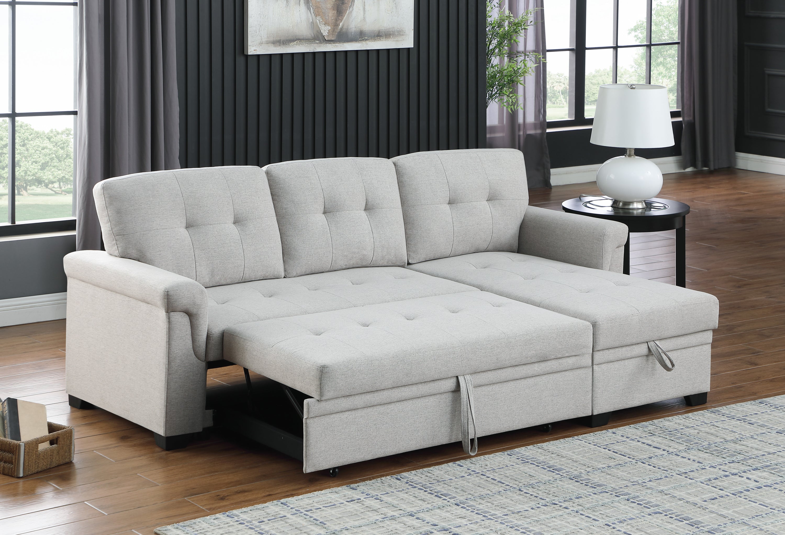 Lucca Light Gray Linen Reversible Sleeper Sectional Sofa with Storage Chaise