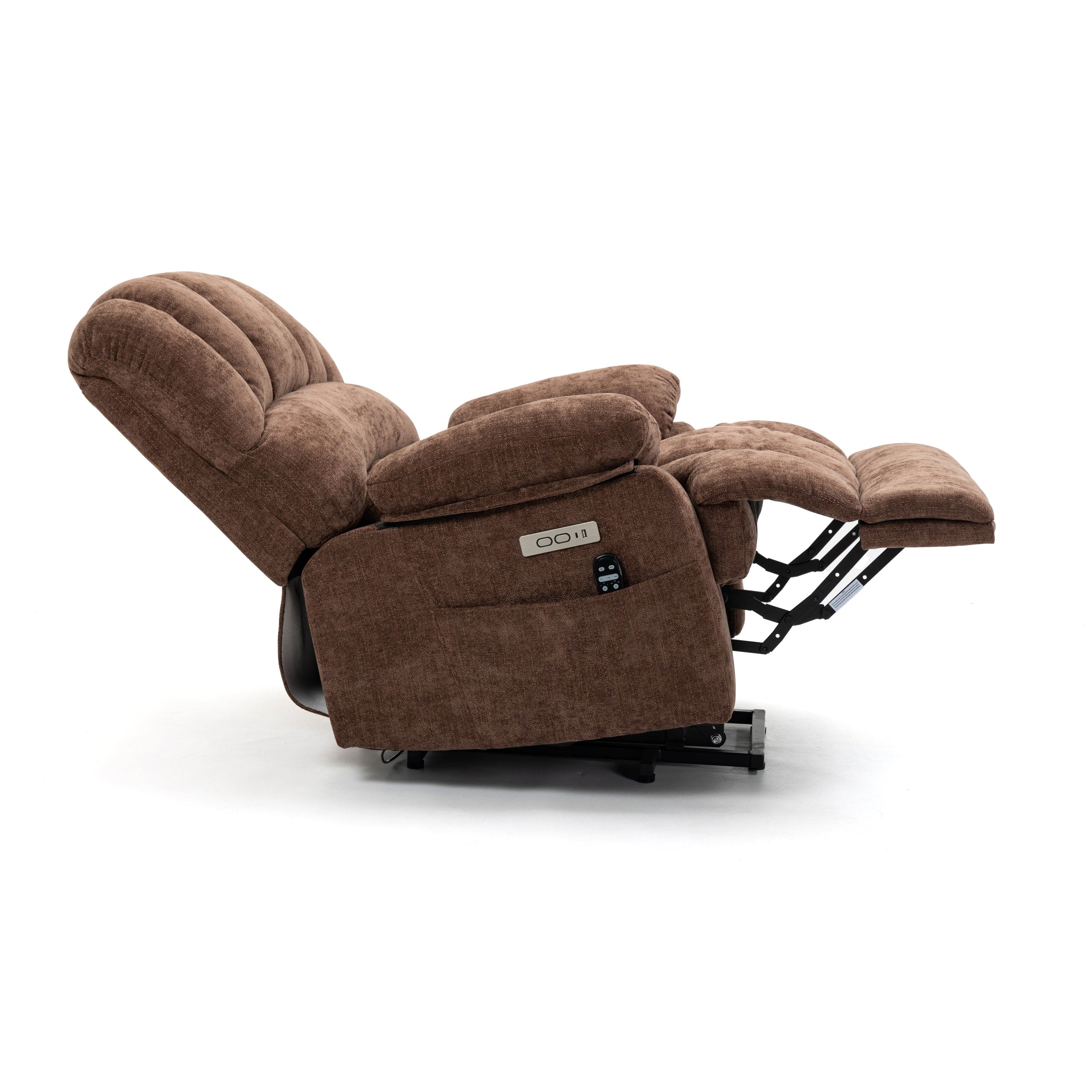 23" Seat Width and High Back Large Size Chenille Power Lift Recliner Chair with 8-Point Vibration Massage and Lumbar Heating, Brown