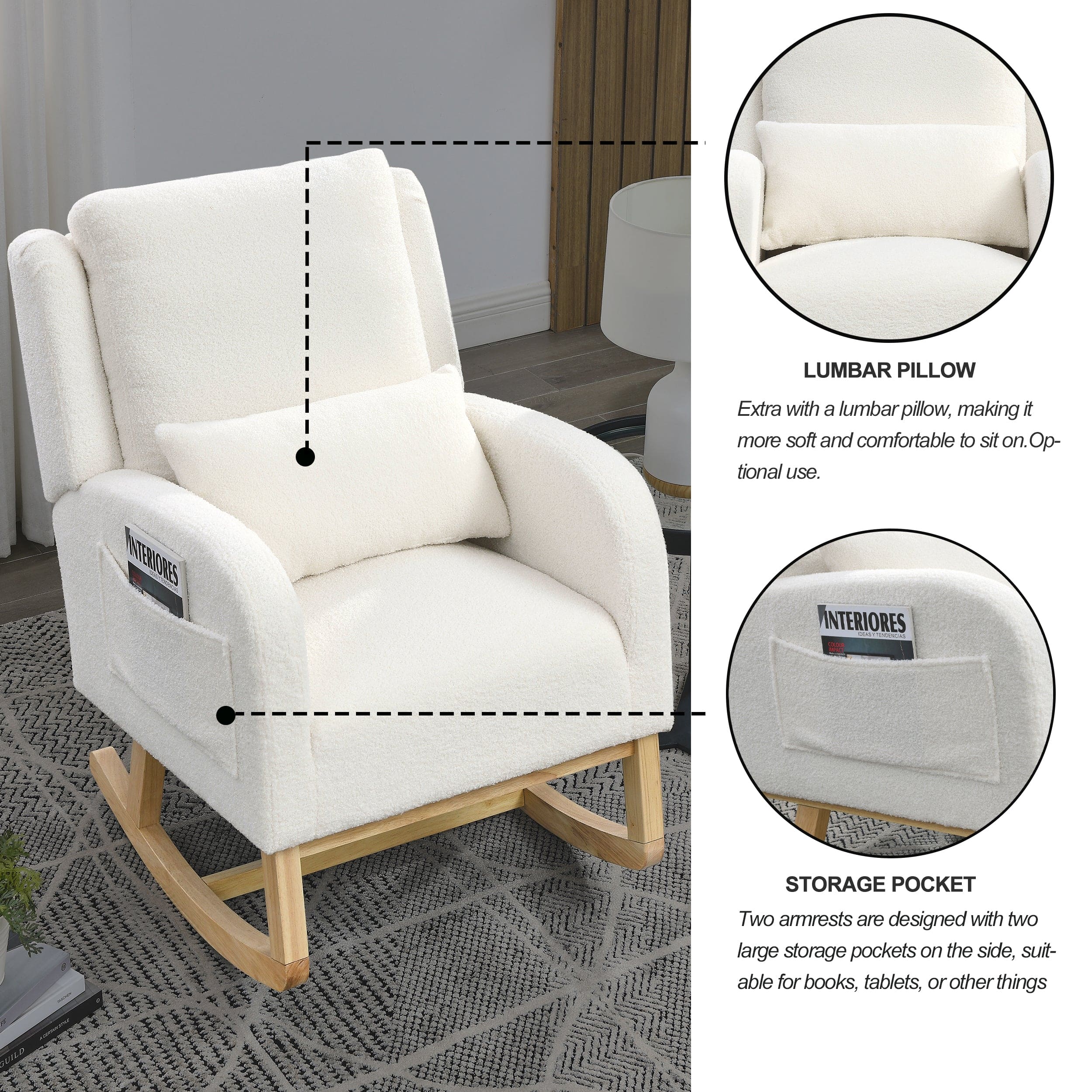 [Video] Welike 27.5 "W Modern Accent High Back Living Room Casual Armchair Rocker with One Lumbar Pillow, Two Side Pockets,Teddy White (Ivory)