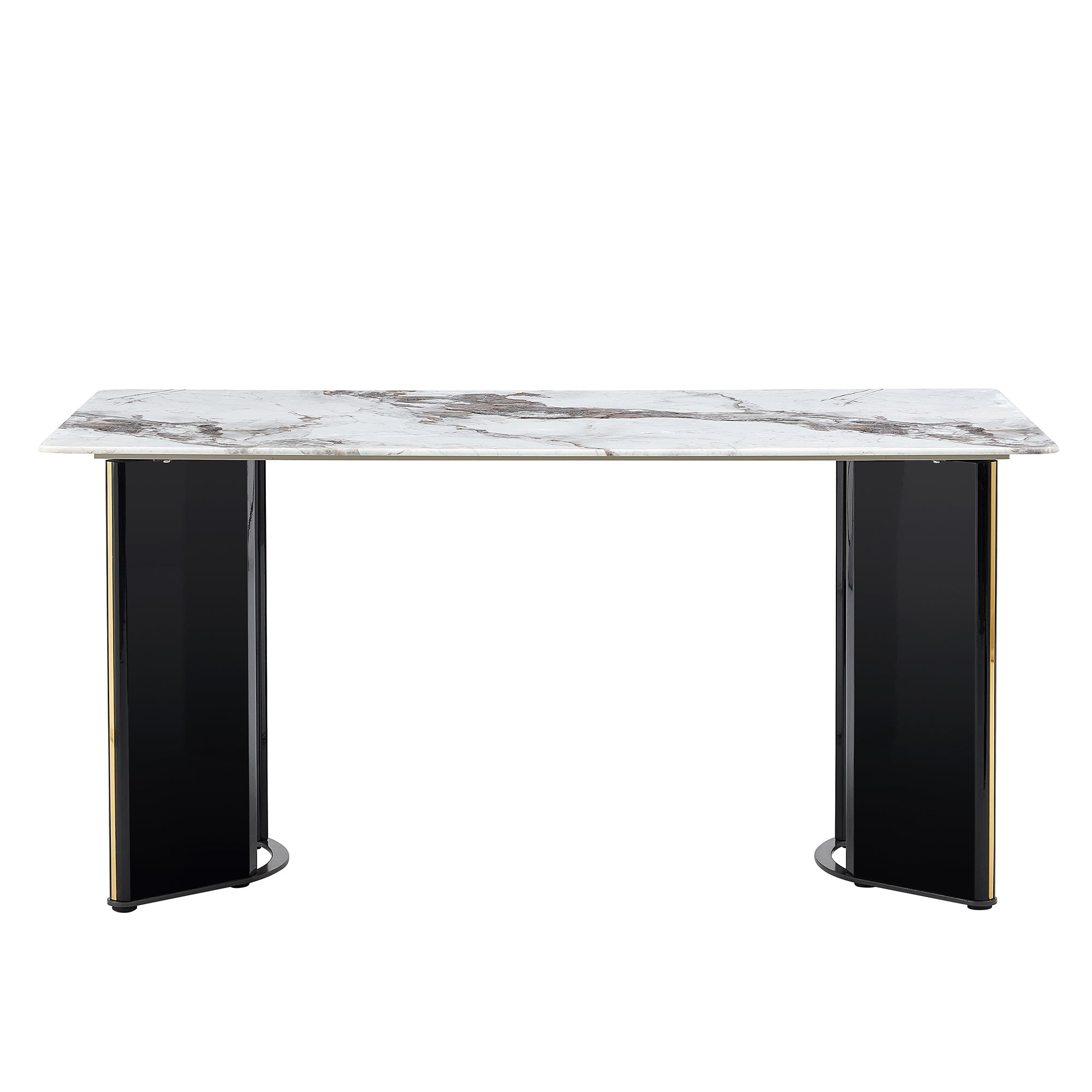 Modern minimalist rectangular dining table, white imitation marble tabletop, MDF table legs with gold metal decorative strips. Suitable for restaurant and living room   F-HH