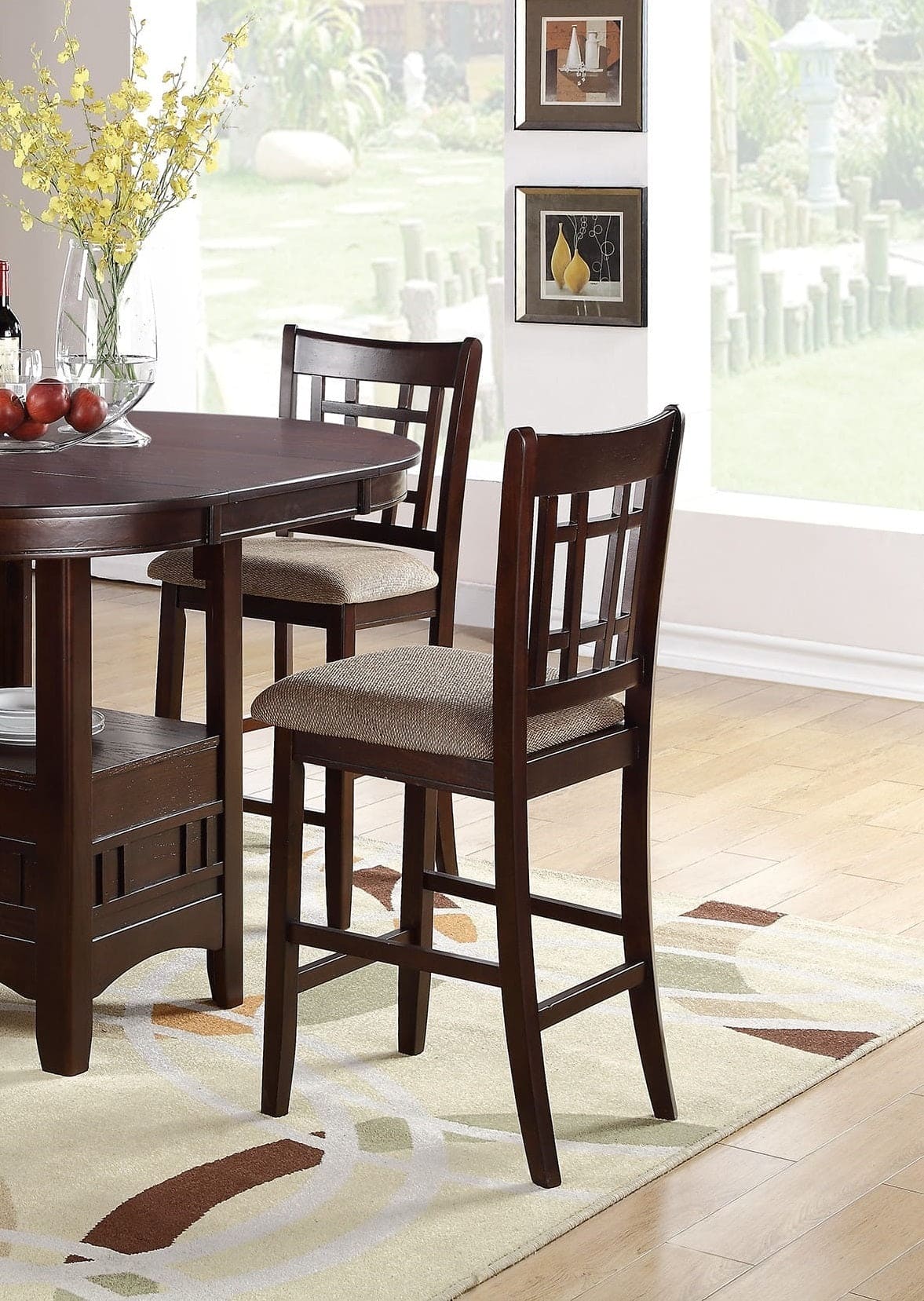 Contemporary Dining Room Counter height 5pc Dining Set Round Table w Leaf & 4x Side Chairs Dark Rosy Brown Finish Solid wood