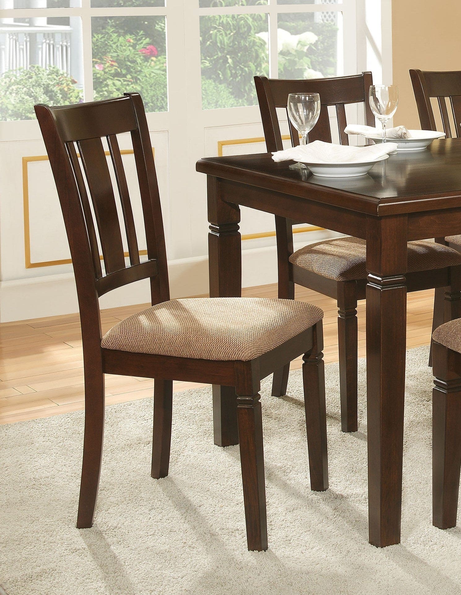 6pc Transitional Style Dining Furniture Set Table with Bench and 4x Side Chairs Fabric Upholstered Seat Espresso Finish Wood