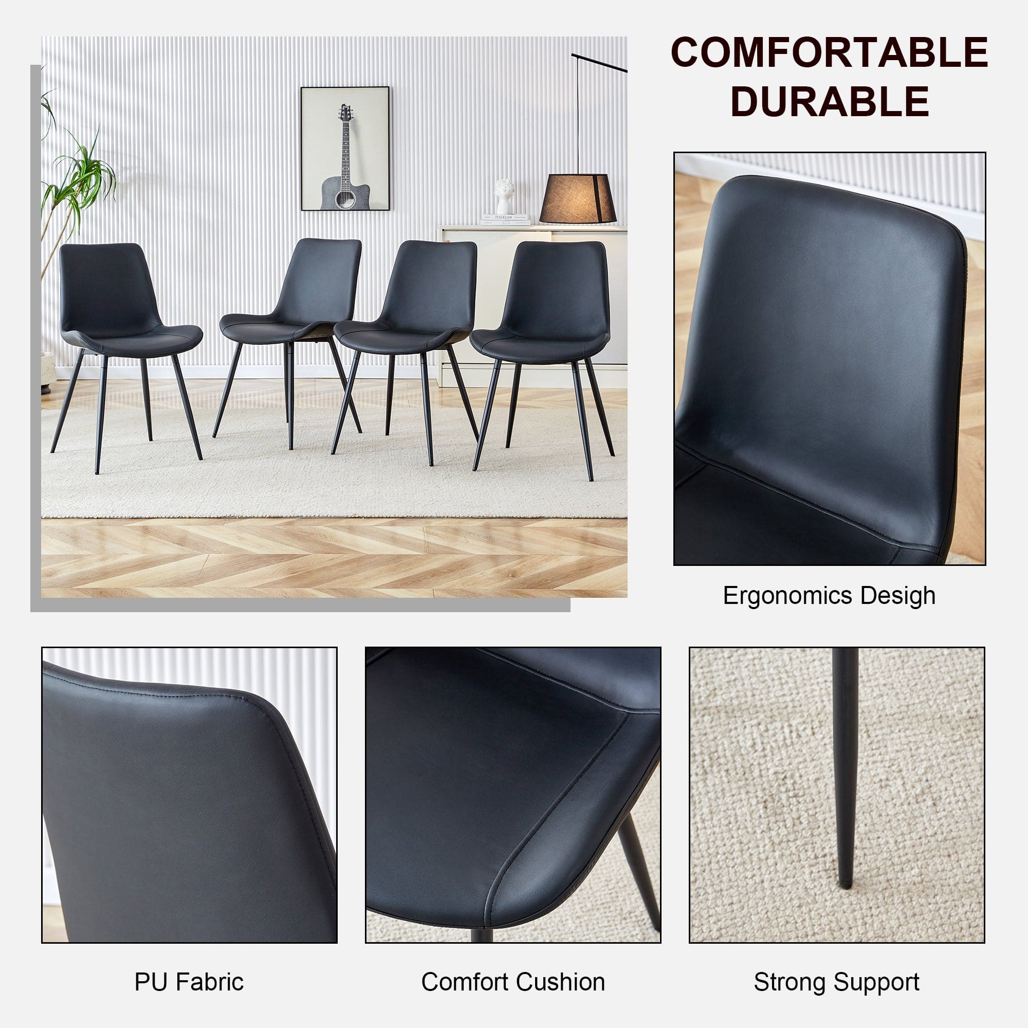 Black artificial leather backrest cushion dining chair, black metal legs, curved widened cushion design for more comfort, suitable for restaurants, kitchens, bedrooms, offices.(6 chairs)  0502