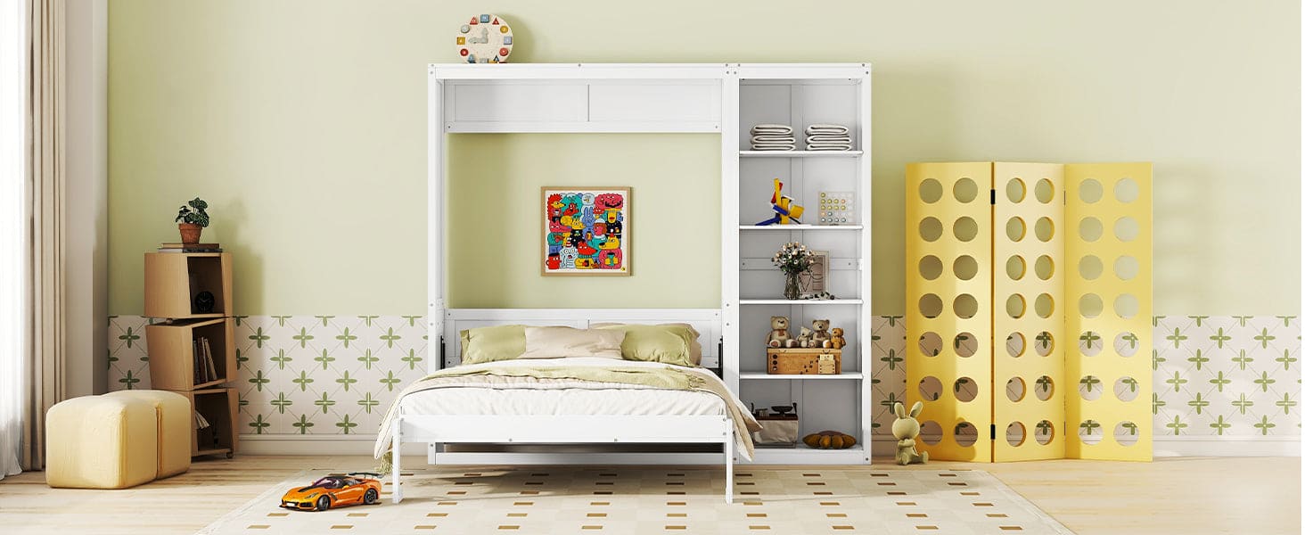 Queen Size Murphy Bed Wall Bed with Shelves,White