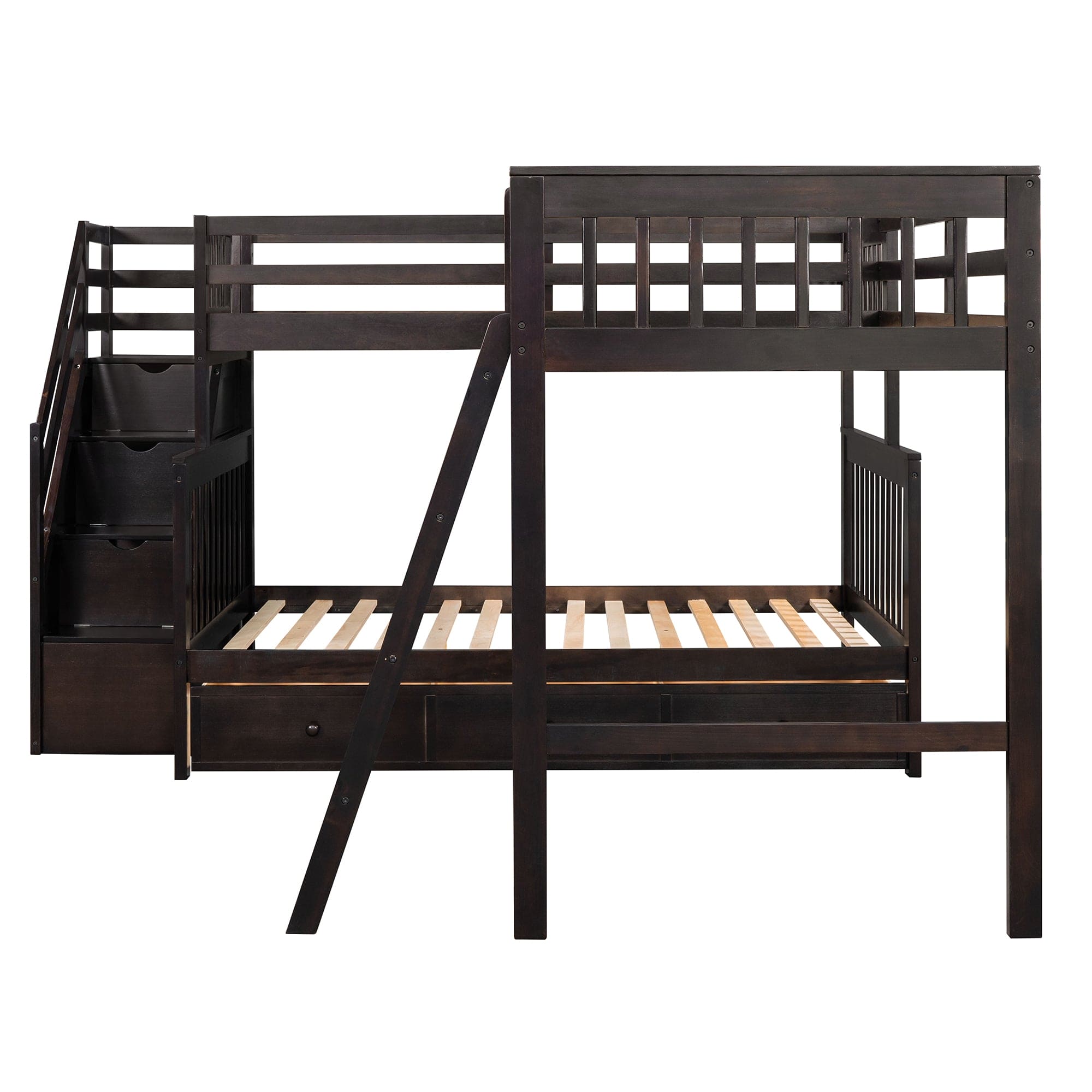 Twin over Full L-Shaped Bunk Bed With 3 Drawers, Ladder and Staircase - Espresso