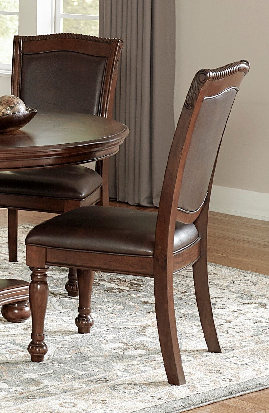 Traditional Dining Wooden Side Chairs Set of 2 Brown Cherry Finish Faux Leather Upholstery Home Furniture