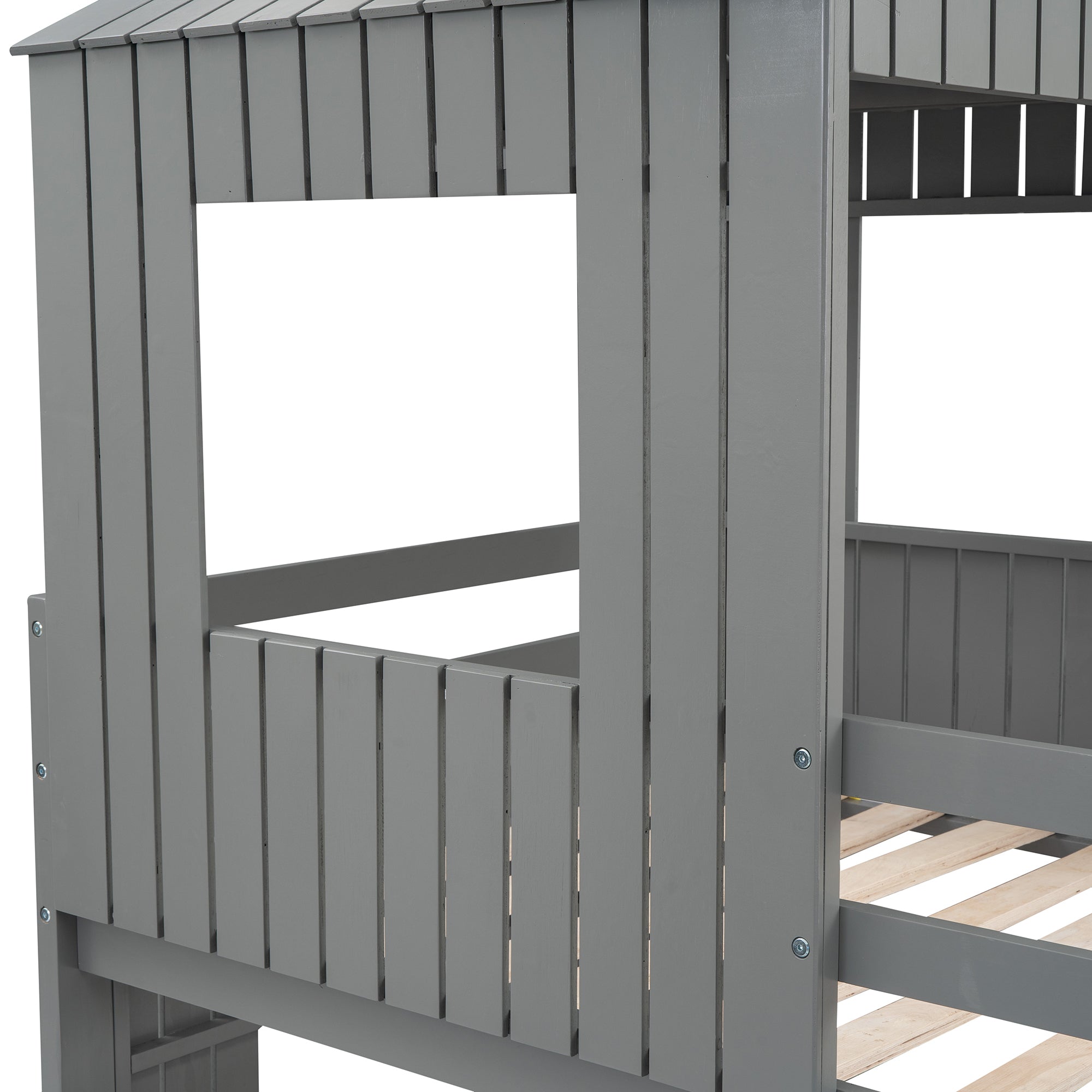 Wooden Twin Over Full Bunk Bed, Loft Bed with Playhouse, Farmhouse, Ladder, Slide and Guardrails, Gray(OLD SKU :LT000028AAN)