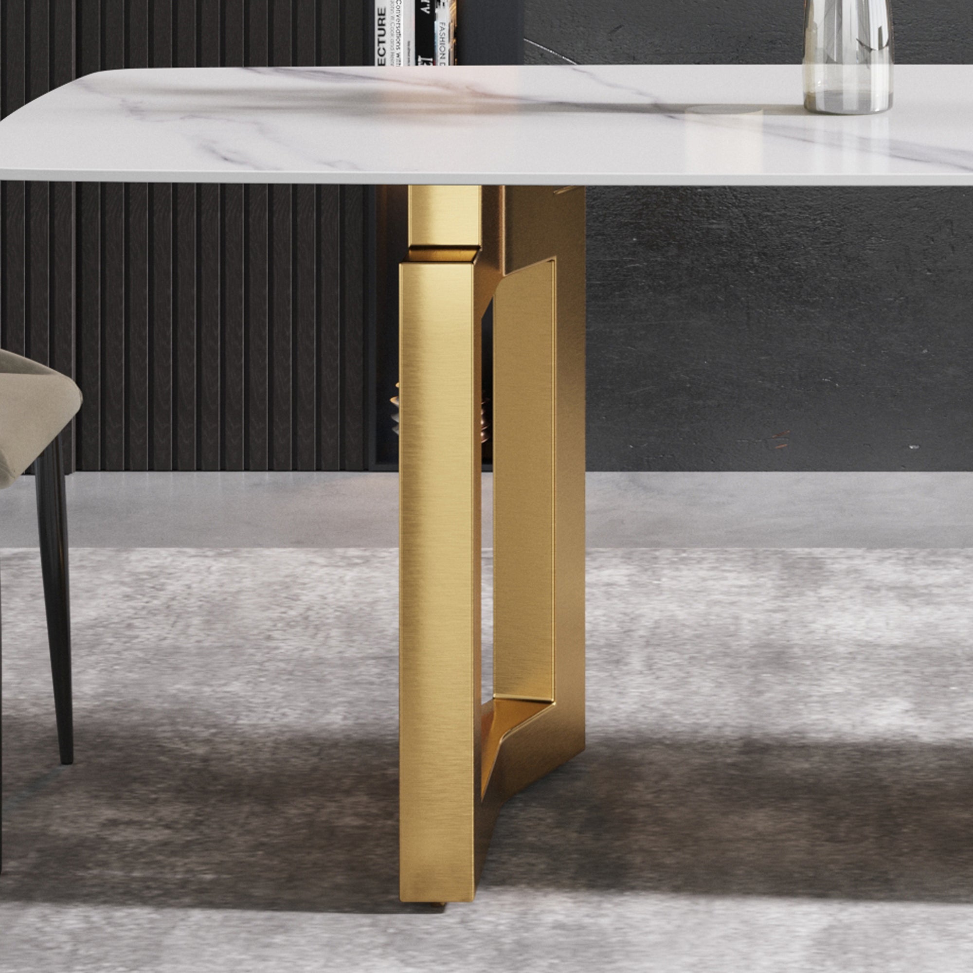 70.87"Modern artificial stone white curved golden metal leg dining table-can accommodate 6-8 people