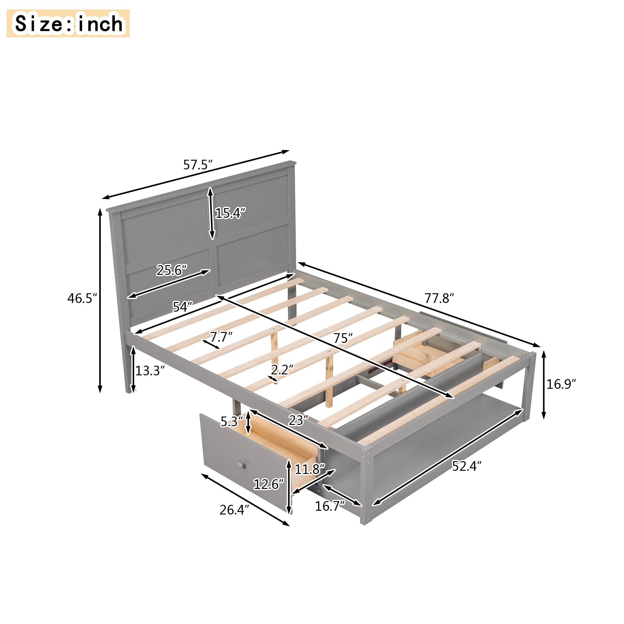 Full Size Platform Bed with Drawer on the Each Side and Shelf on the End of the Bed, Gray