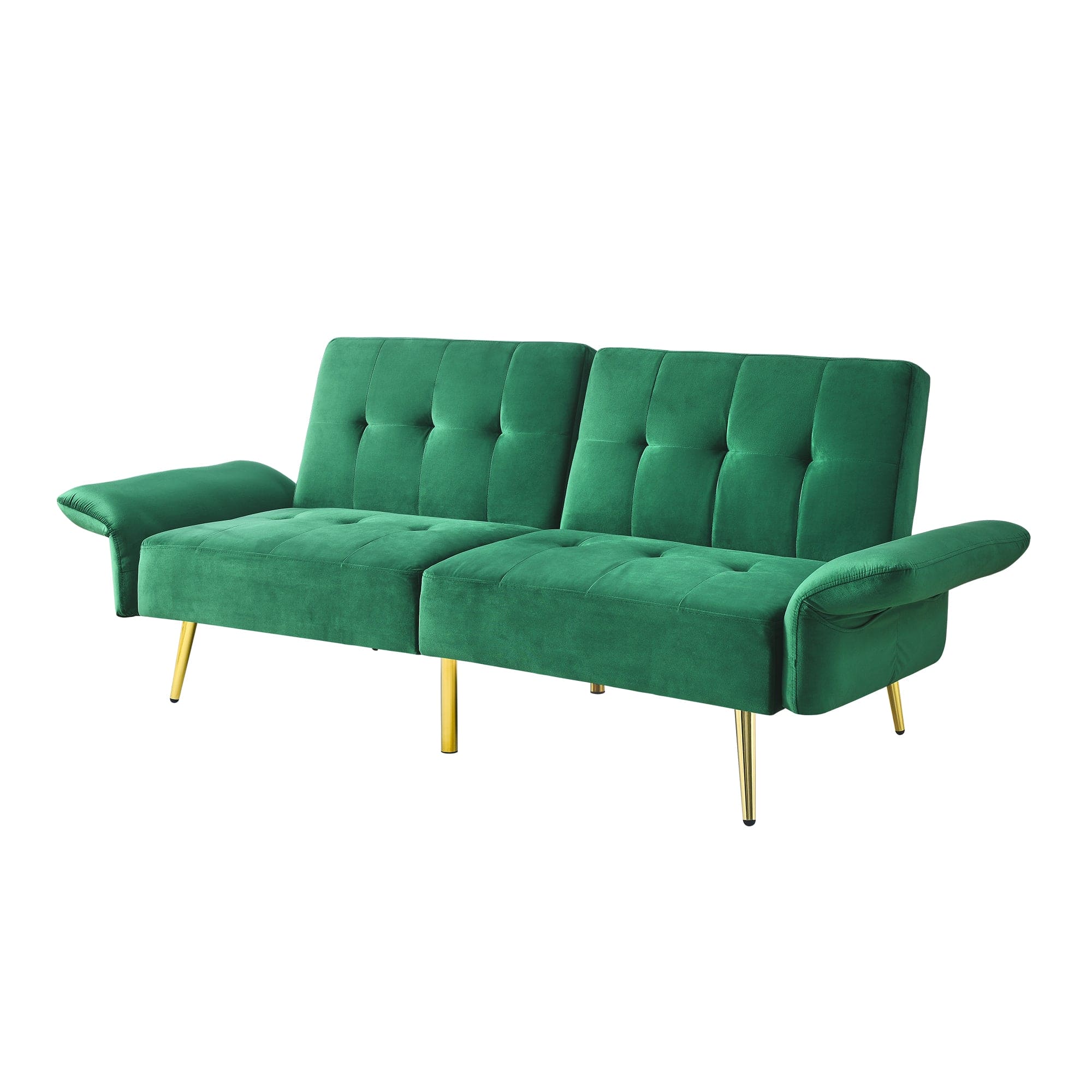 78" Italian Velvet Futon Sofa Bed, Convertible Sleeper Loveseat Couch with Folded Armrests and Storage Bags for Living Room and Small Space, Green 280g velvet