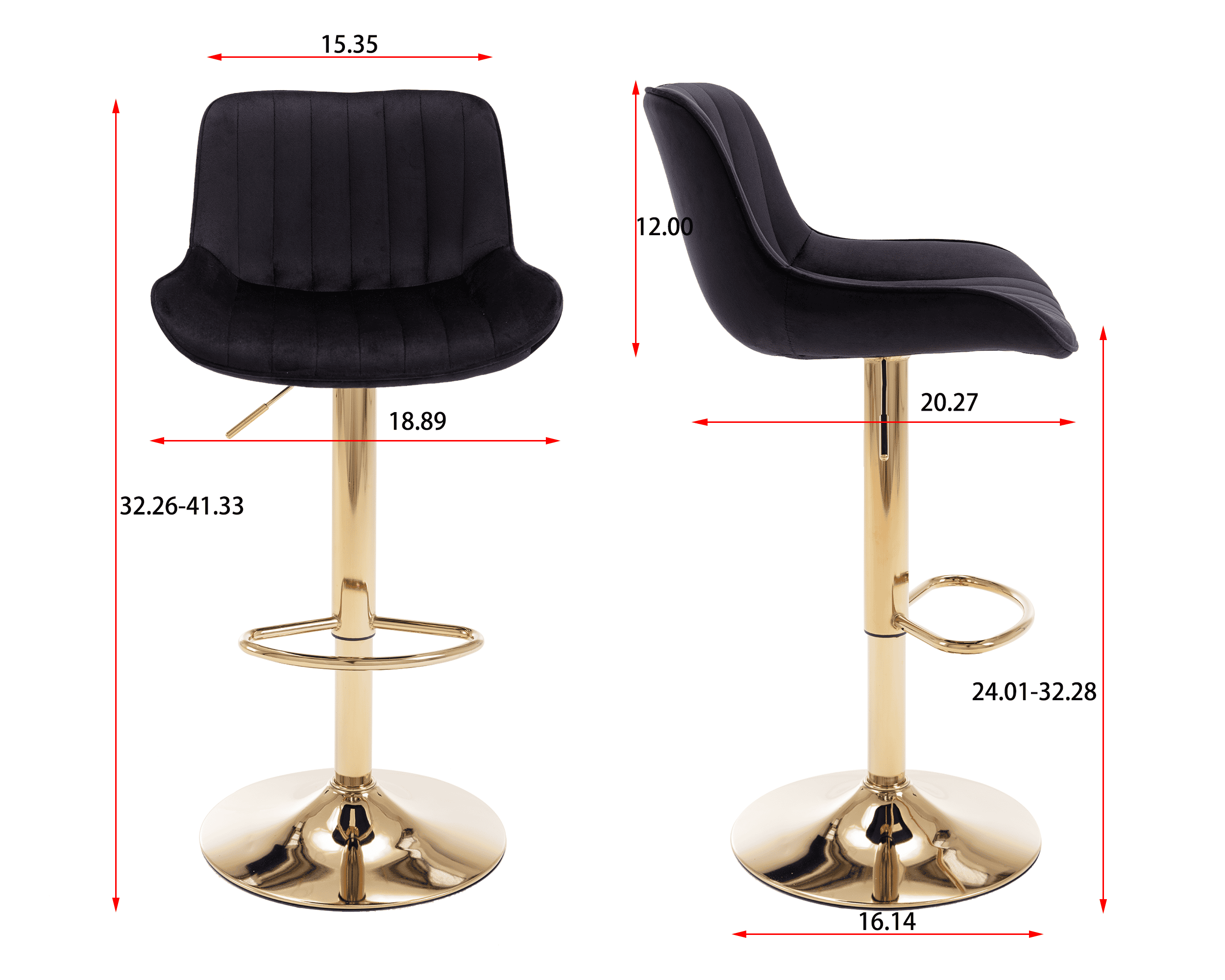 Chrome Footrest and Base Swivel Height Adjustable Mechanical Lifting Velvet + Golden Leg Simple Bar Stool,Set of 2,Black