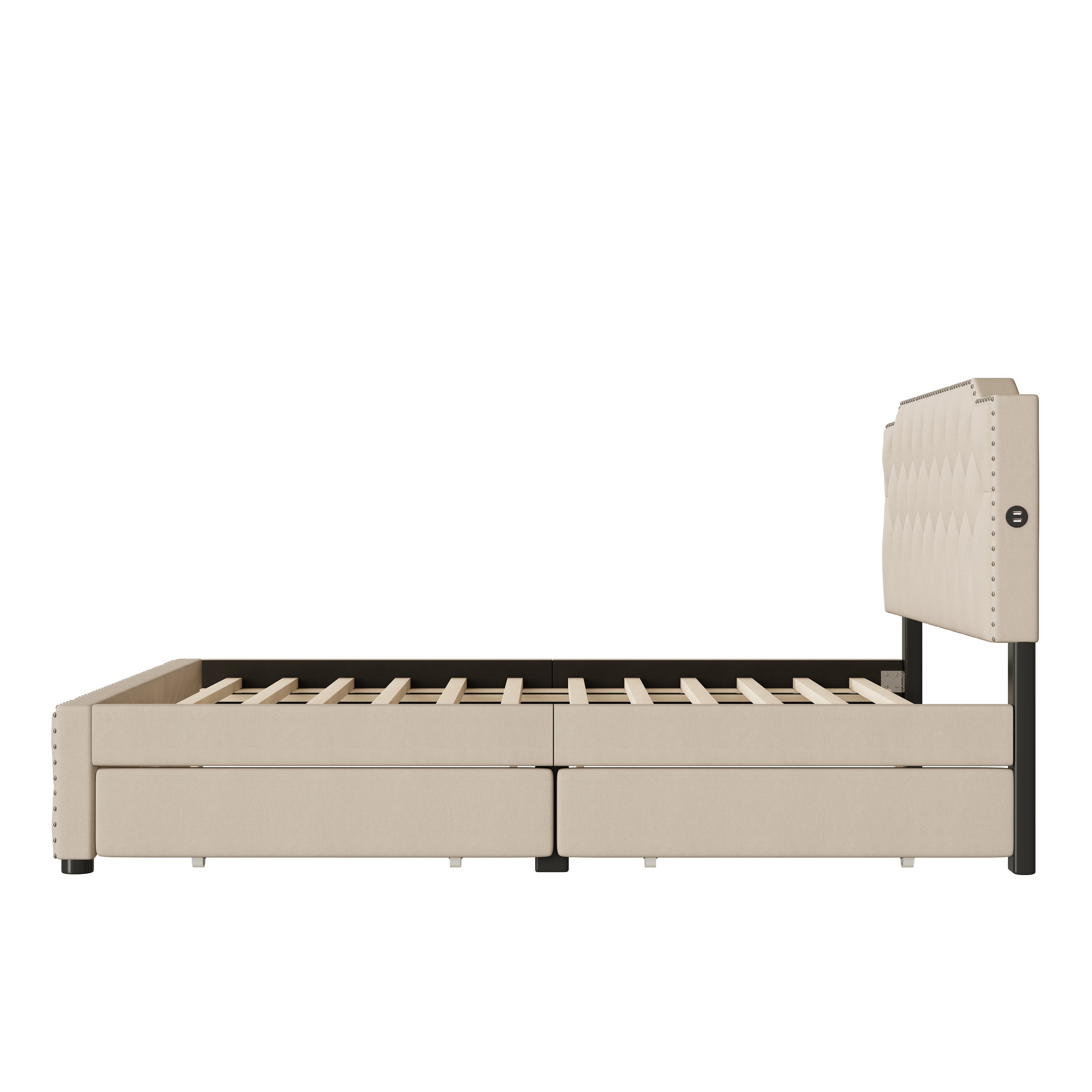 Queen Size Upholstered Platform Bed with 2 Drawers and 2 sets of USB Ports on each side, Linen Fabric, Beige