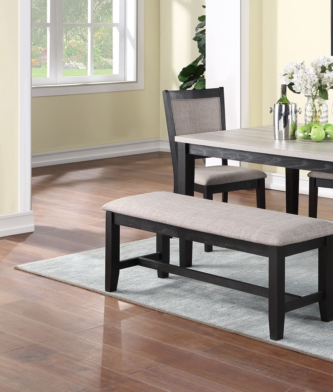 Contemporary Dining 6pc Set Table w 4x Side Chairs And Bench Padded Upholstered Cushion Seats Chairs Solid wood And Veneers Dining Room Furniture