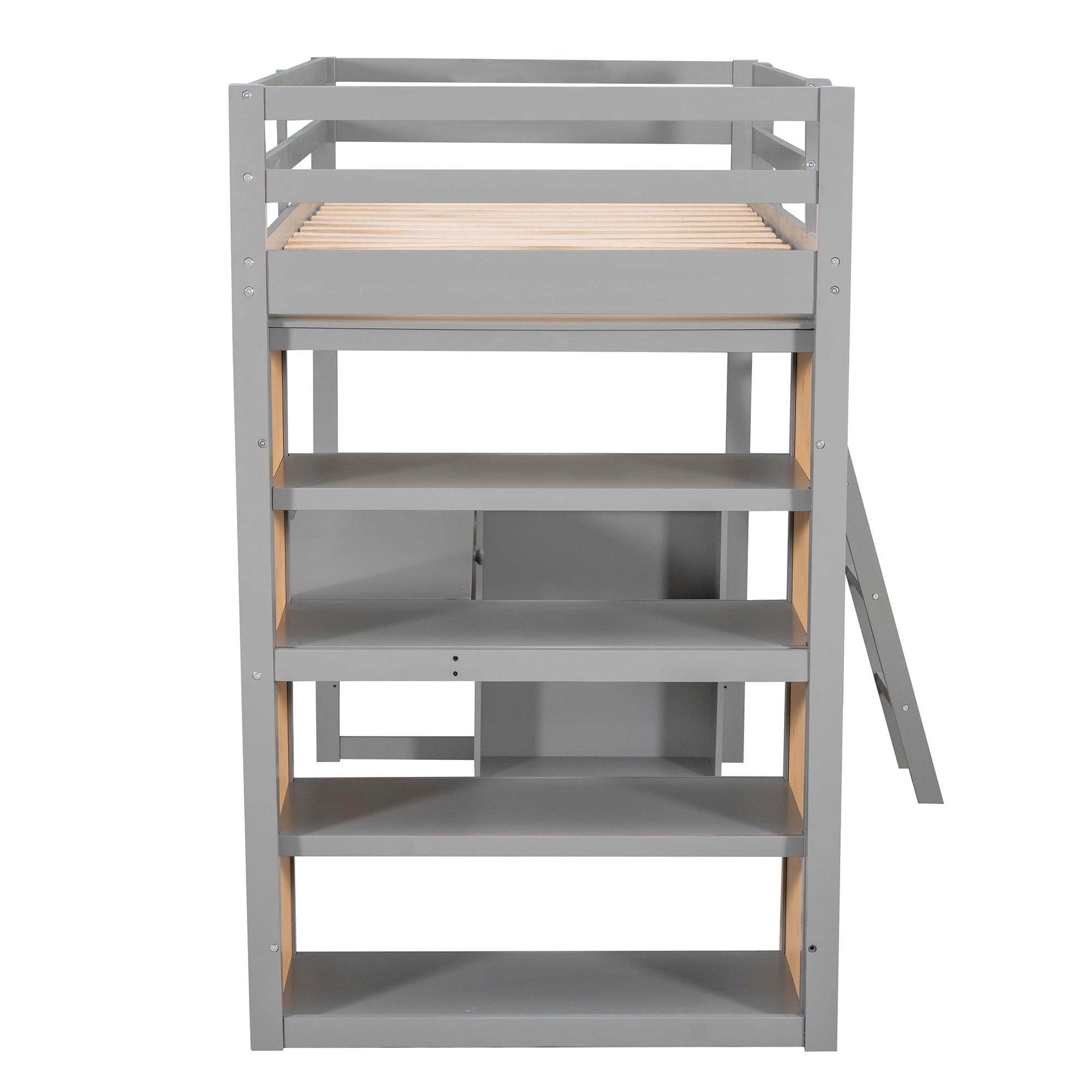 Twin Size Loft Bed with Ladder, Shelves, and Desk, Gray(LT100225AAE)