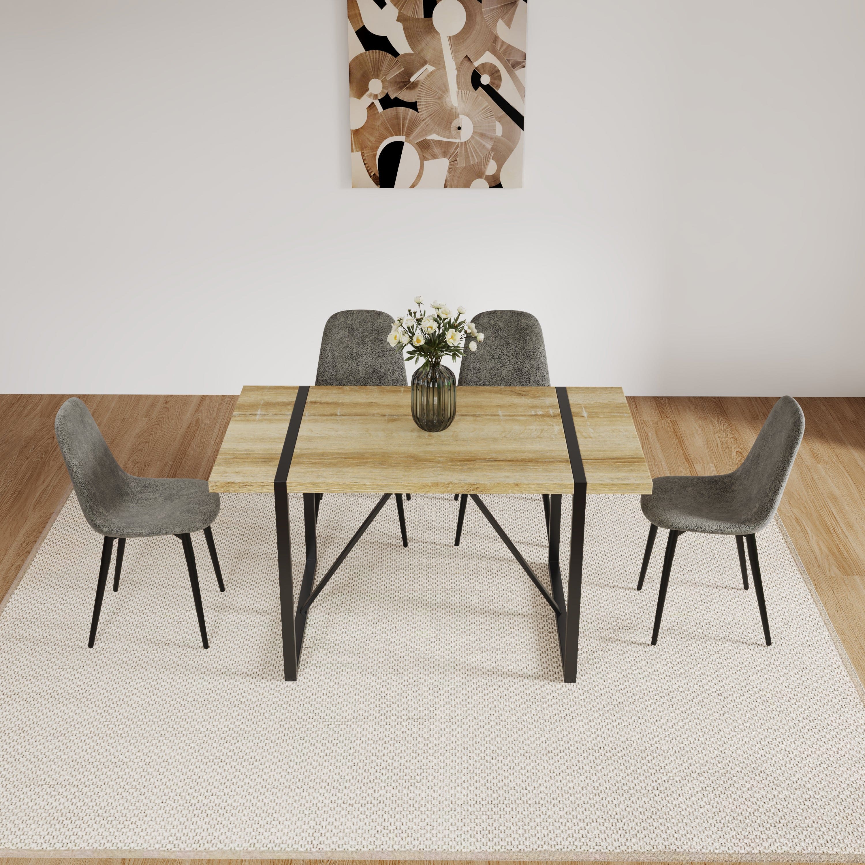 MDF Wood Colour Dining Table and Modern Dining Chairs Set of 4, Mid Century Wooden Kitchen Table Set, Metal Base & Legs, Dining Room Table and Suede Chairs