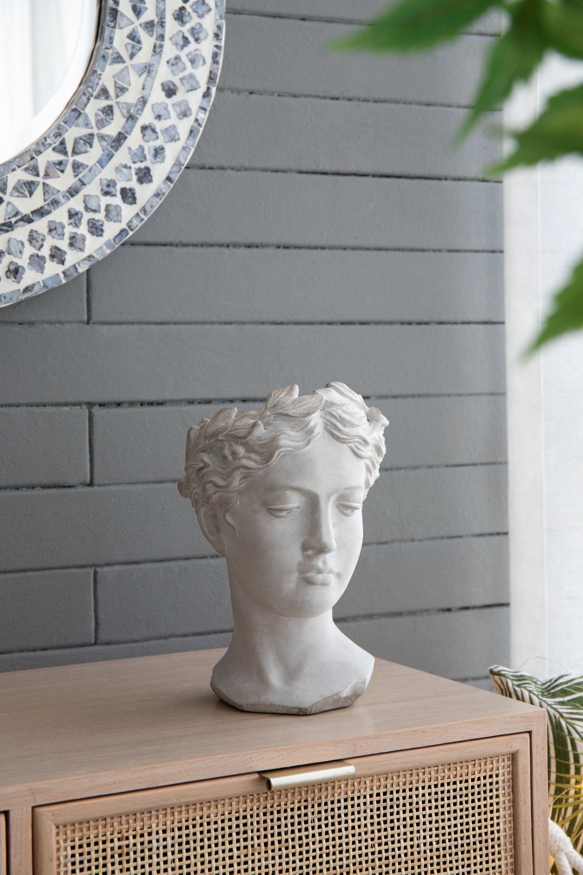 Greek Style Cement Head Planter - Indoor Outdoor Home Garden Decor, D7" x 11"