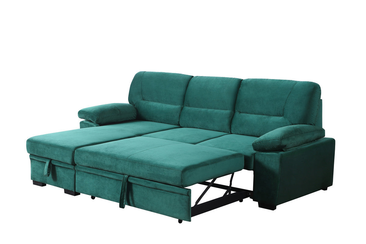 Kipling Green Velvet Fabric Reversible Sleeper Sectional Sofa Chaise