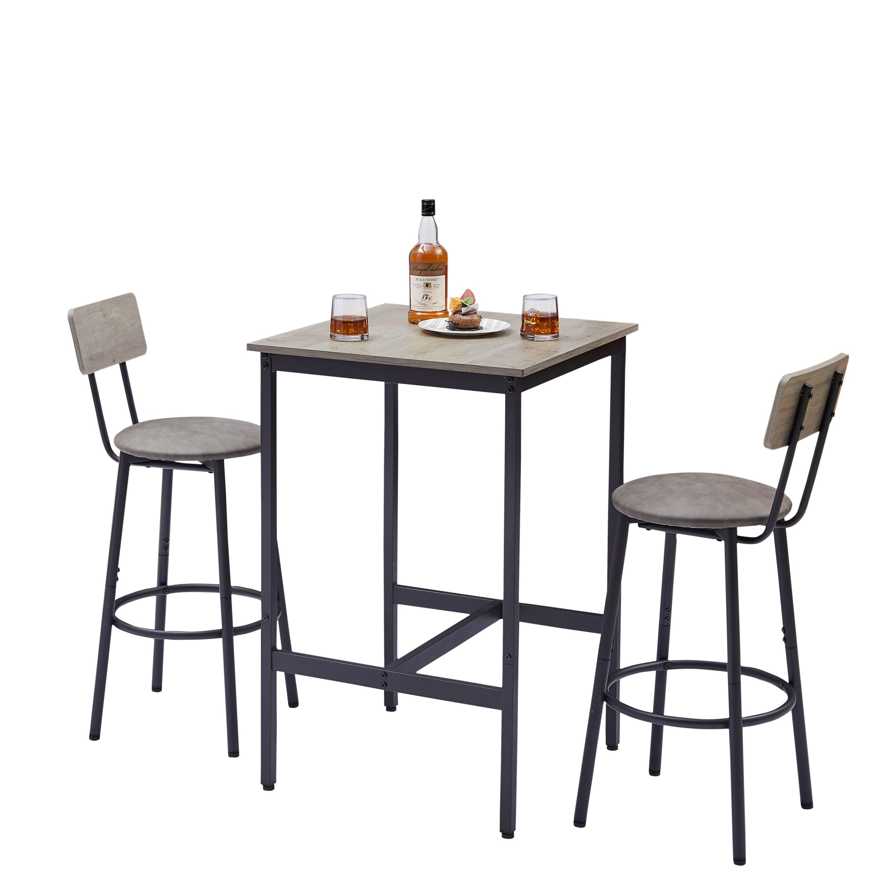 Bar Table Set with 2 Bar stools PU Soft seat with backrest, Grey, 23.62'' W x 23.62'' D x 35.43'' H