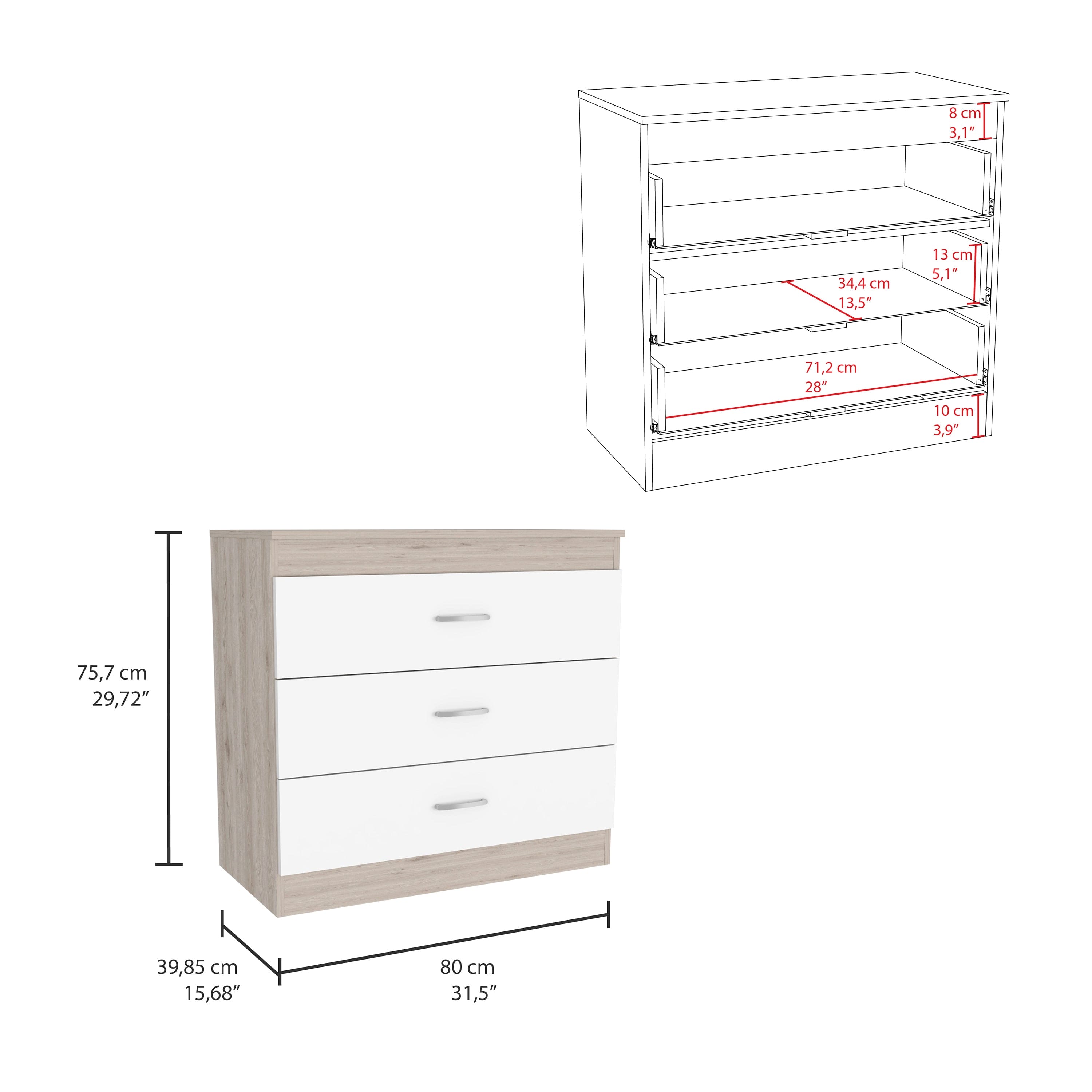 Three Drawer Dresser Lial, Superior Top, Metal Hardware, Light Gray / White Finish