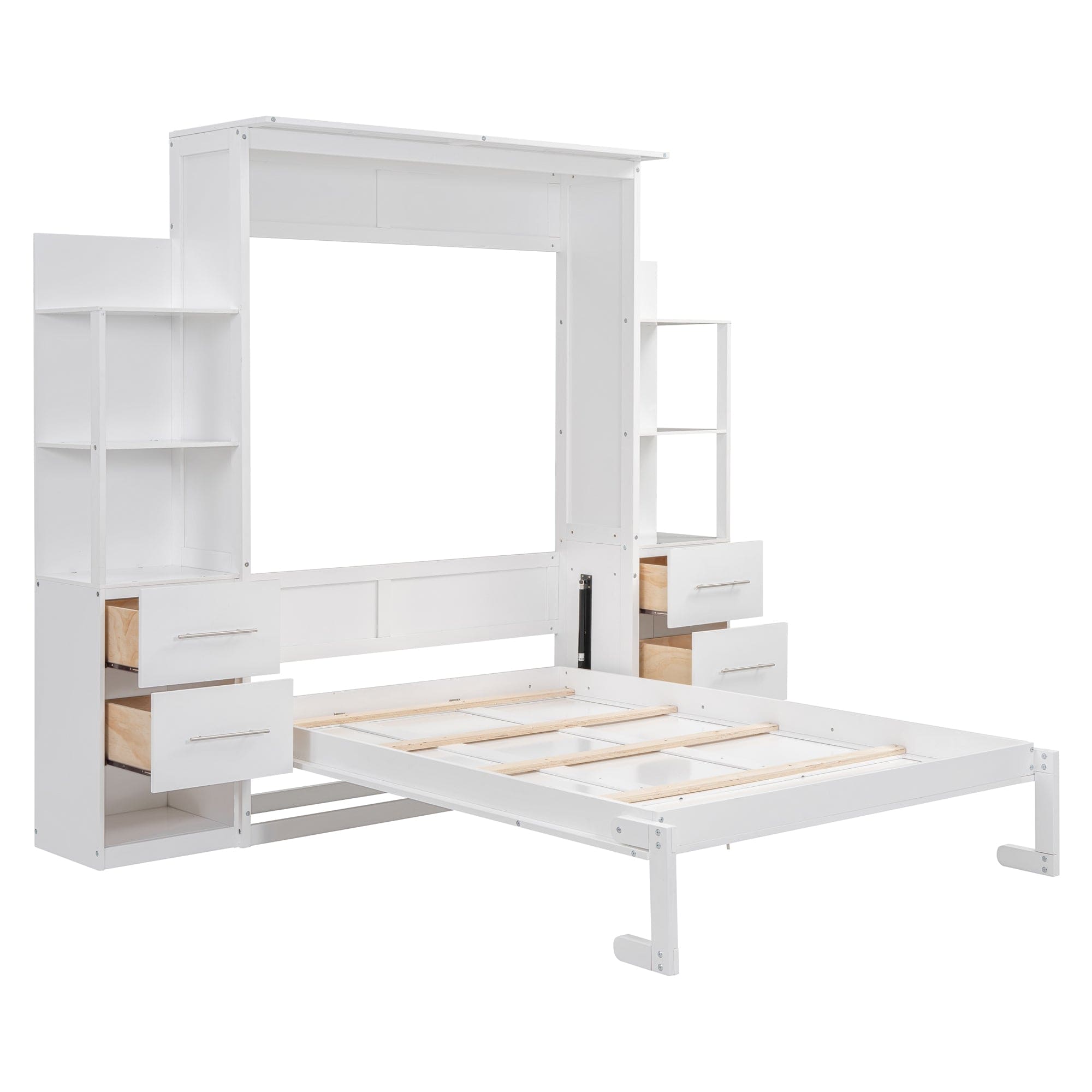 Full Size Murphy Bed Wall Bed with Shelves, Drawers and LED Lights,White