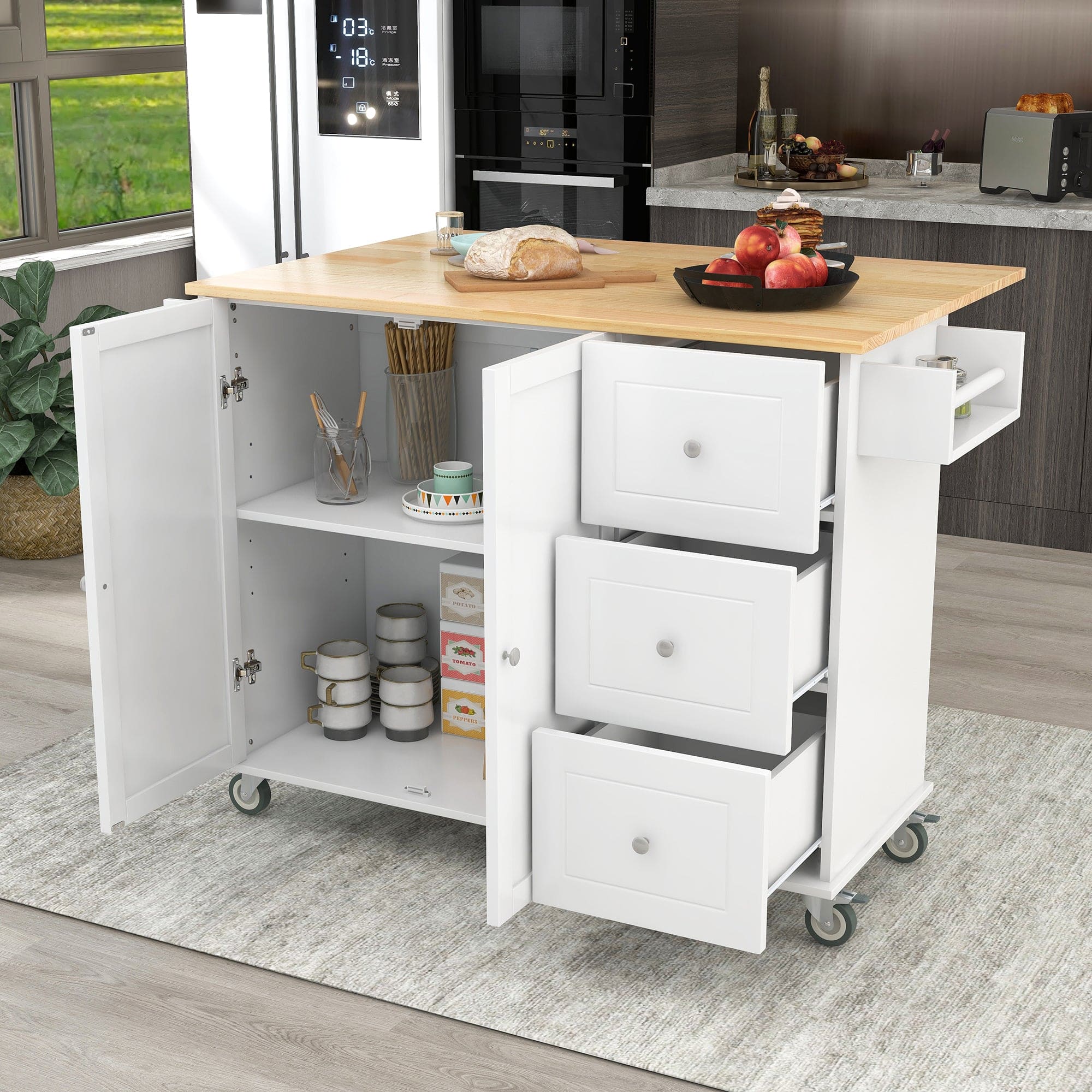 Rolling Mobile Kitchen Island with Solid Wood Top and Locking Wheels,52.7 Inch Width,Storage Cabinet and Drop Leaf Breakfast Bar,Spice Rack, Towel Rack & Drawer (White)