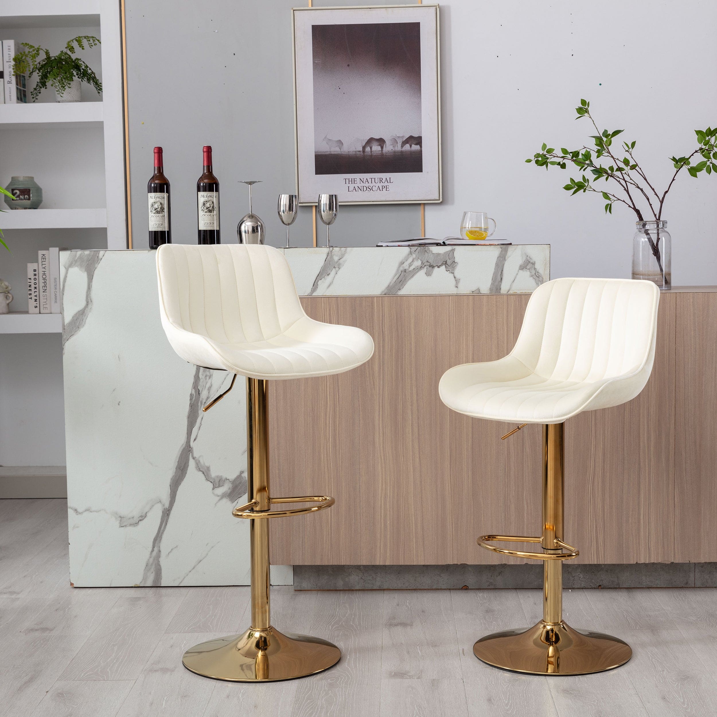 Chrome Footrest and Base Swivel Height Adjustable Mechanical Lifting Velvet + Golden Leg Simple Bar Stool,Set of 2,Ivory