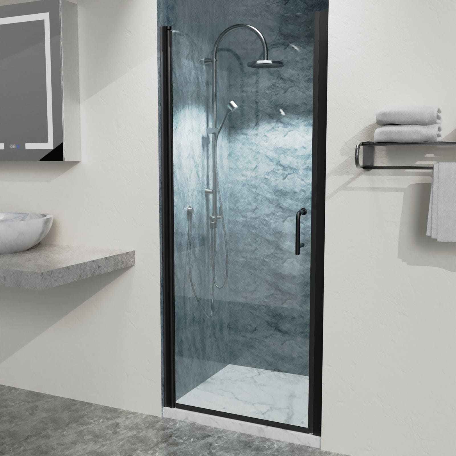 32 In. to 33-3/8 In. x 72 In Semi-Frameless Pivot Shower Door in Matte Black With Clear Glass