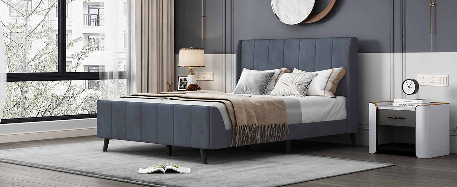 Full Size Upholstered Platform Bed, Velvet, Gray