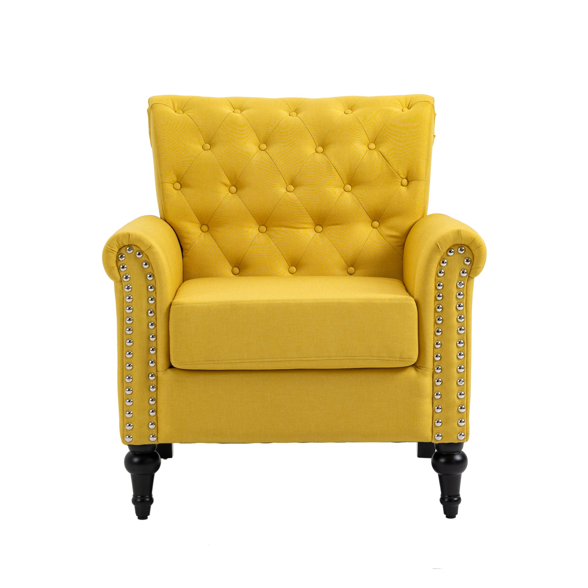 Mid-Century Modern Accent Chair, Linen Armchair w/Tufted Back/Wood Legs, Upholstered Lounge Arm Chair Single Sofa for Living Room Bedroom, YELLOW