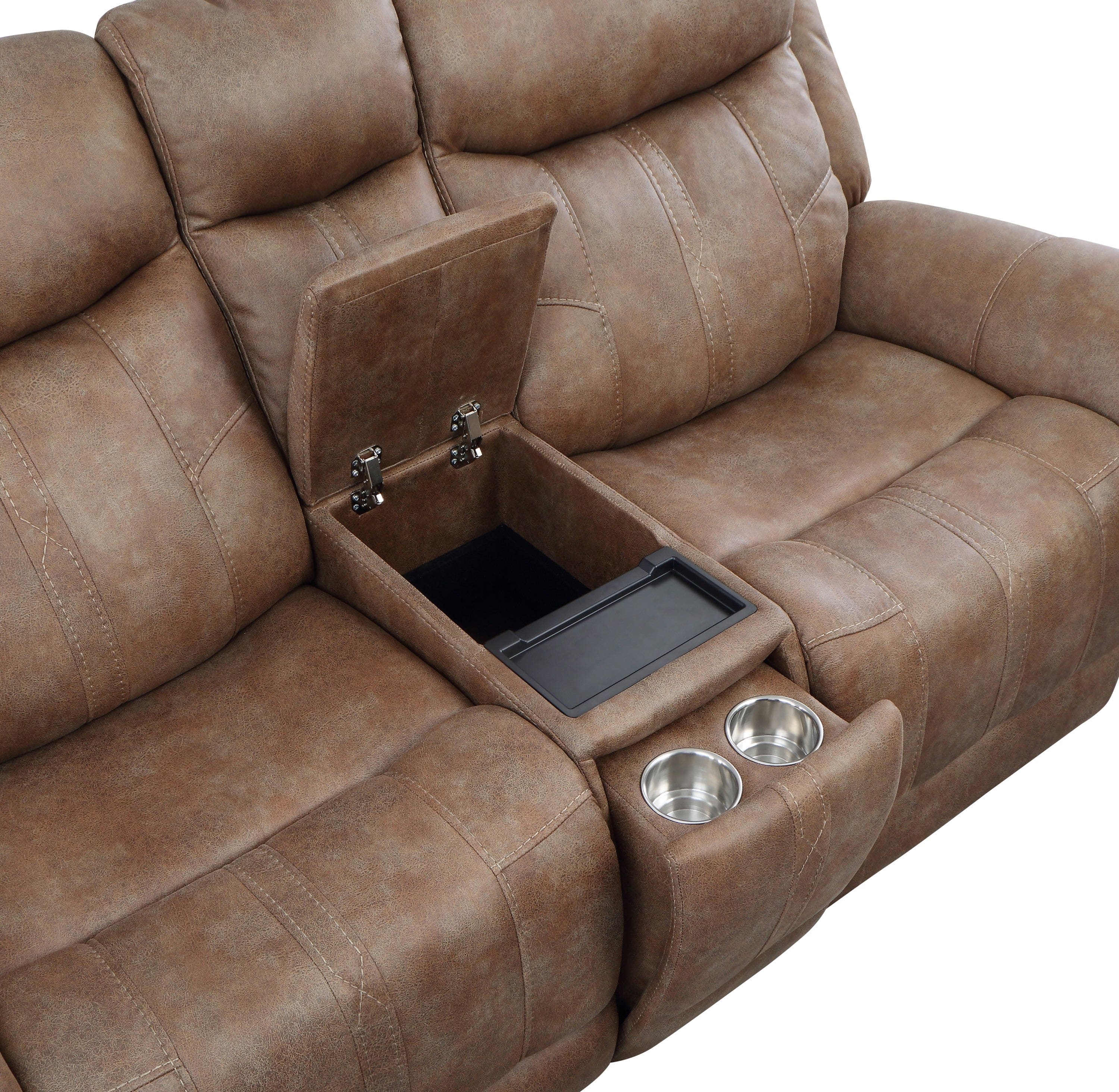 Transitional Console Loveseat - Warm Camel Faux-Suede, Power Footrest, Power Headrest - Concealed Cupholders, Built-In Console