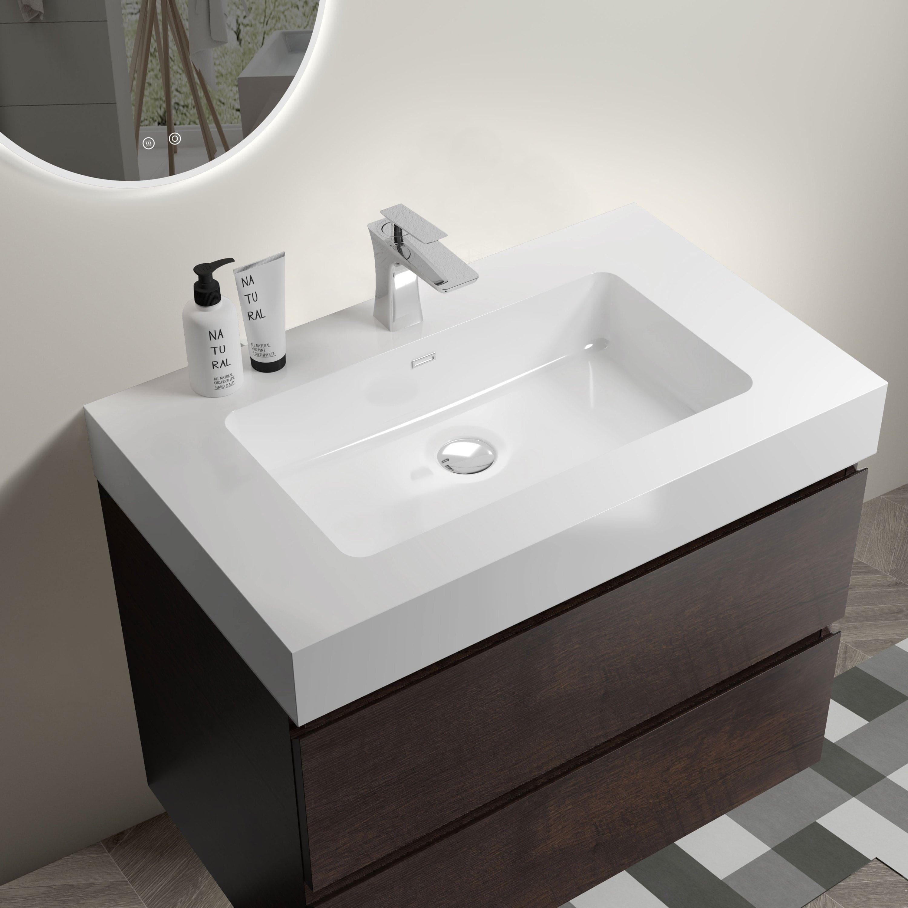 Alice 30" Walnut Bathroom Vanity with Sink, Large Storage Wall Mounted Floating Bathroom Vanity for Modern Bathroom, One-Piece White Sink Basin without Drain and Faucet