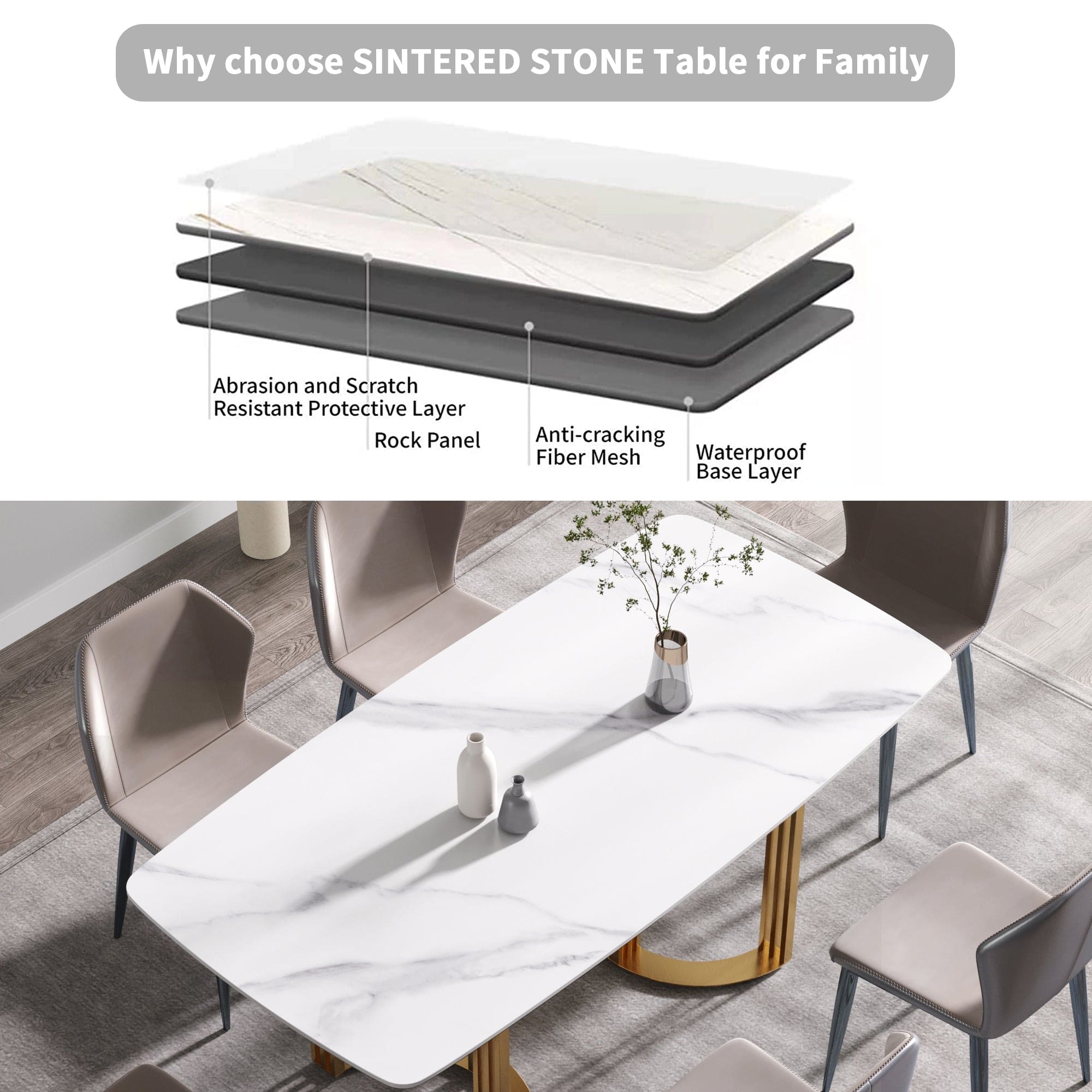 70.87"Modern artificial stone white curved golden metal leg dining table-can accommodate 6-8 people