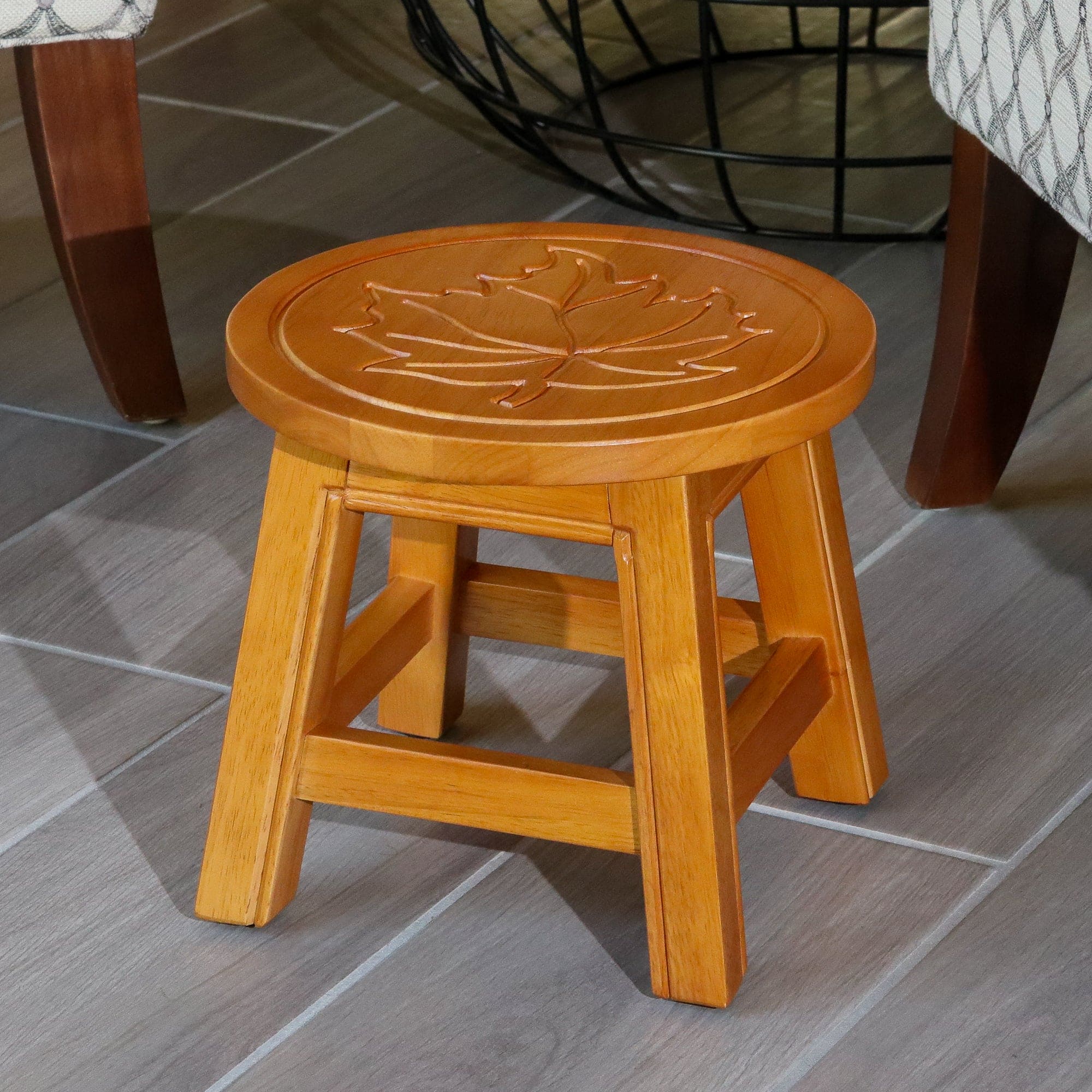 Carved Wooden Step Stool, Maple Leaf, Natural