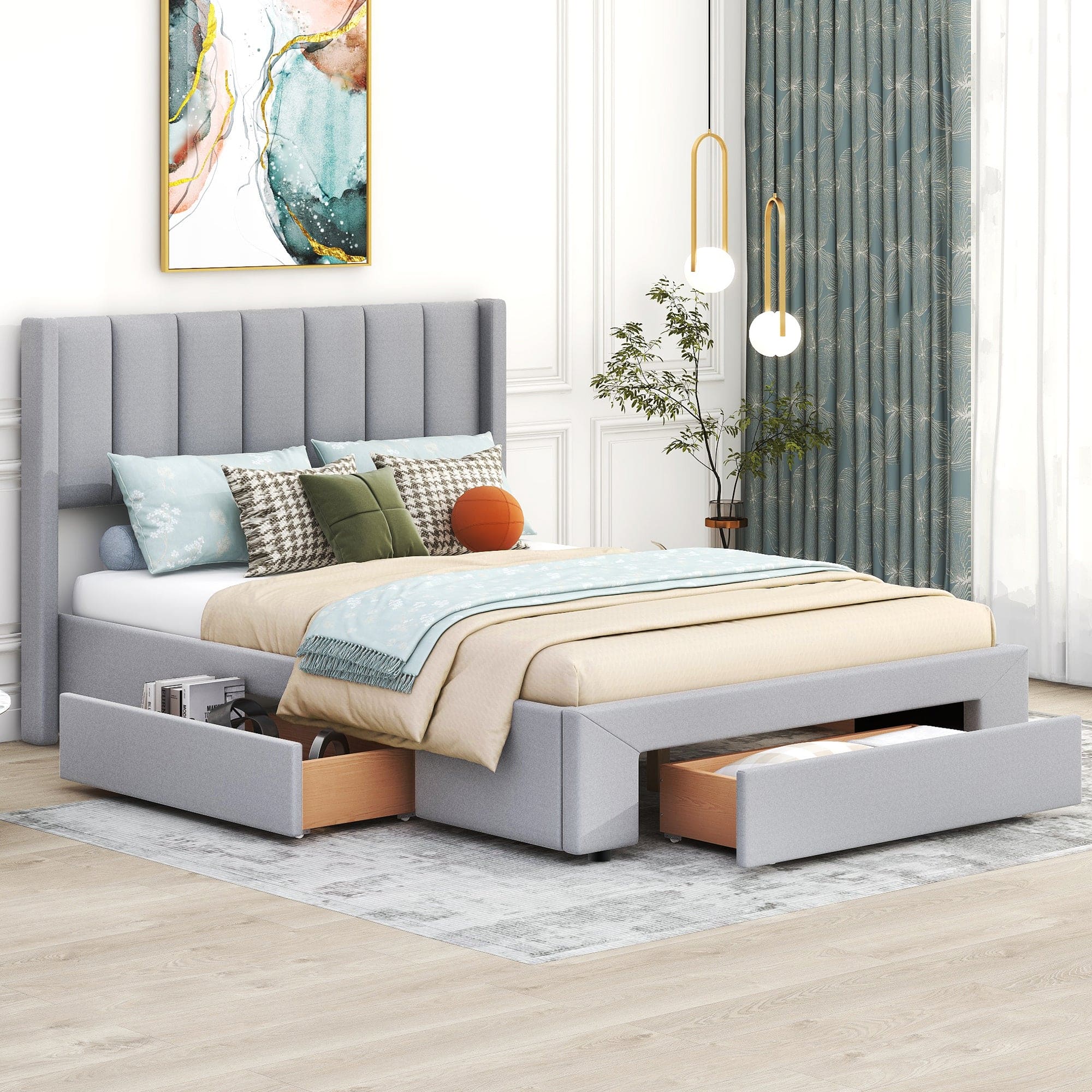 Full Size Upholstered Platform Bed with One Large Drawer in the Footboard and Drawer on Each Side,Gray