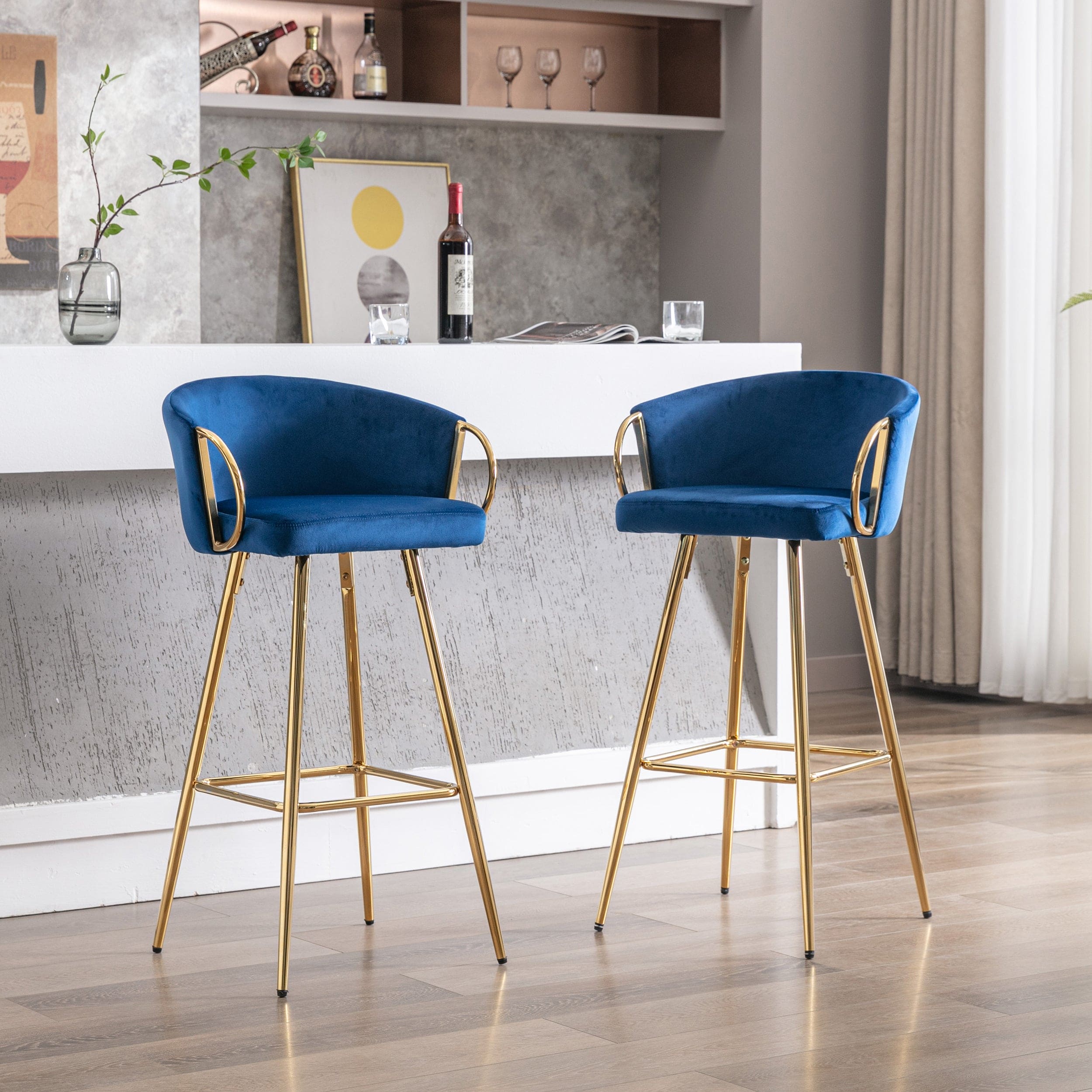 26 Inch Set of 2 Bar Stools,with Chrome Footrest Velvet + Golden Leg Simple Bar Stool,BLUE