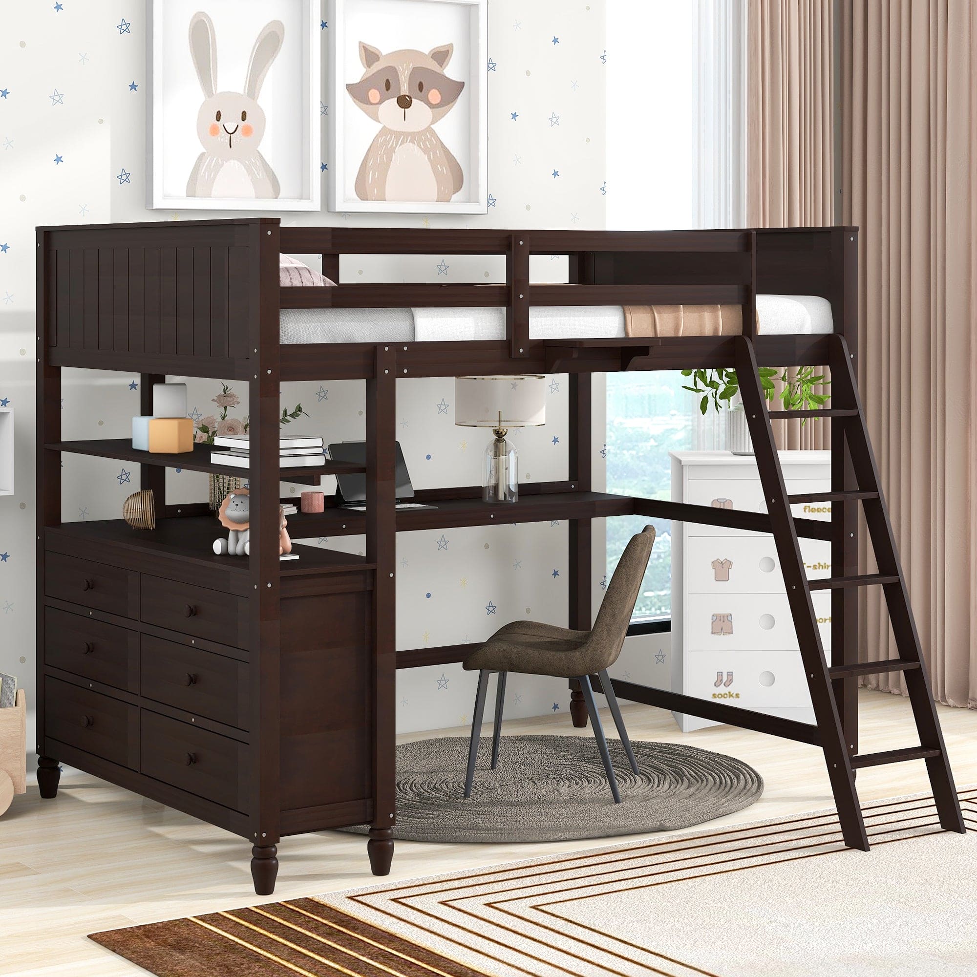 Full size Loft Bed with Drawers and Desk, Wooden Loft Bed with Shelves - Espresso(OLD SKU:LT001529AAP)