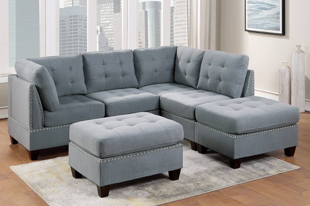 Modular Sectional 6pc Set Living Room Furniture L-Sectional Gray Linen Like Fabric Tufted Nail heads 2x Corner Wedge 2x Armless Chairs and 2x Ottomans