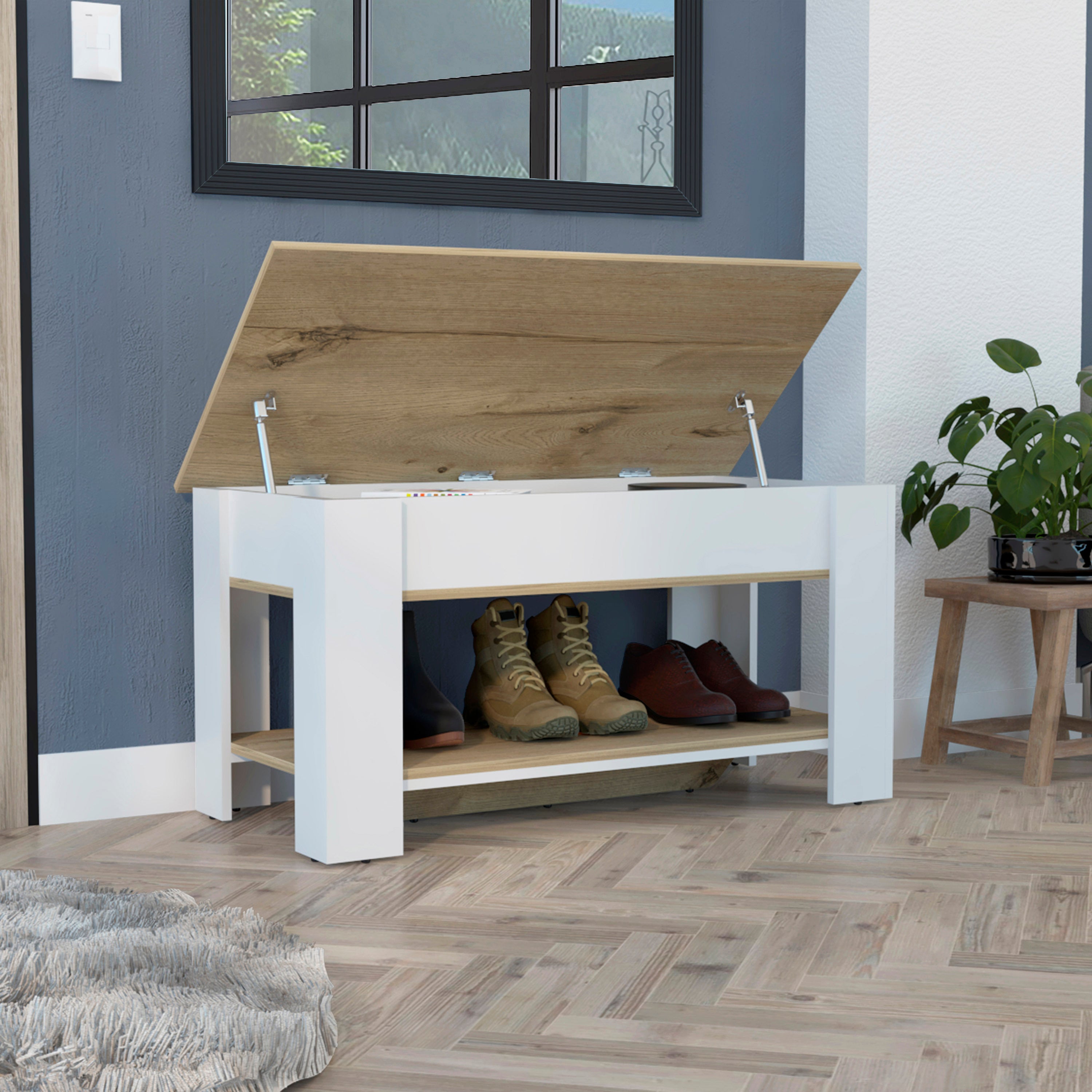 Storage Table Polgon, Extendable Table Shelf, Lower Shelf, Light Oak / White Finish