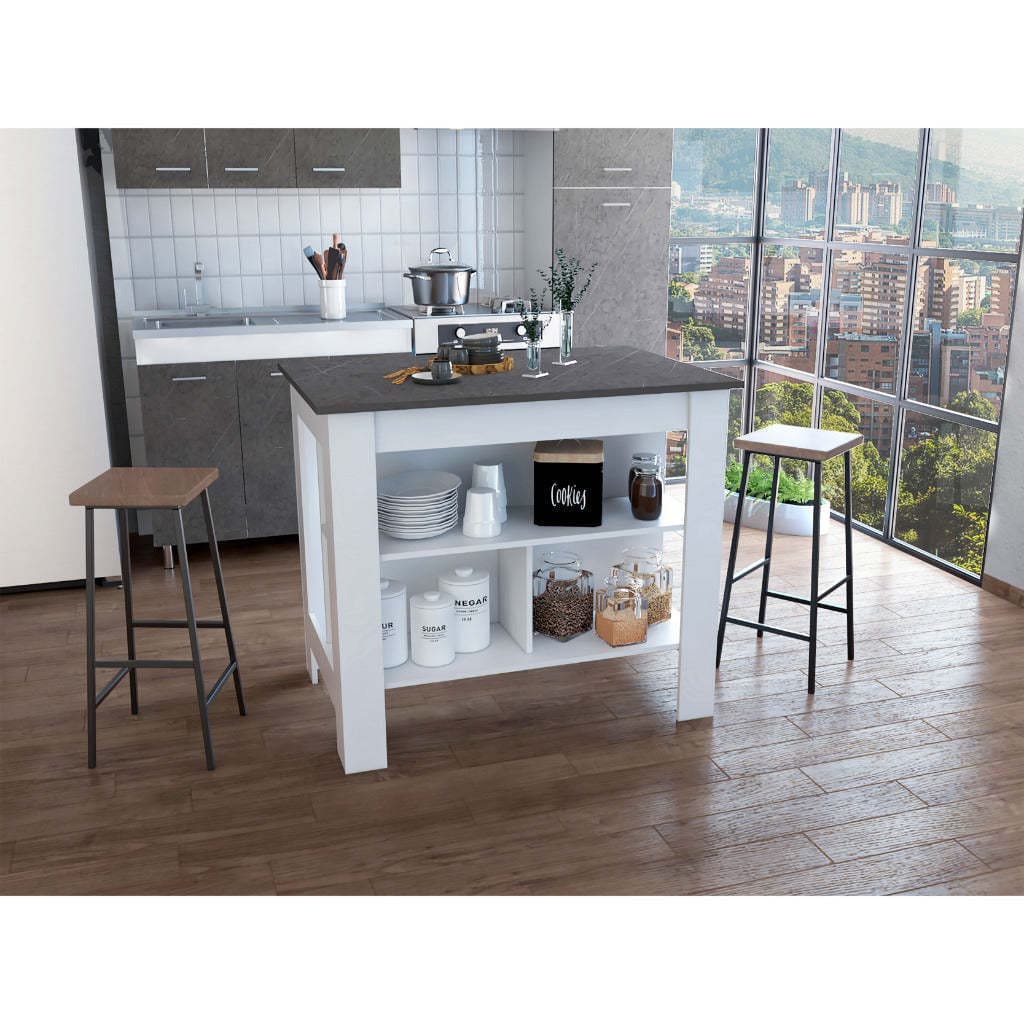 DEPOT E-SHOP Delos Kitchen Island, Four Legs, Three Shelves, White / Onix