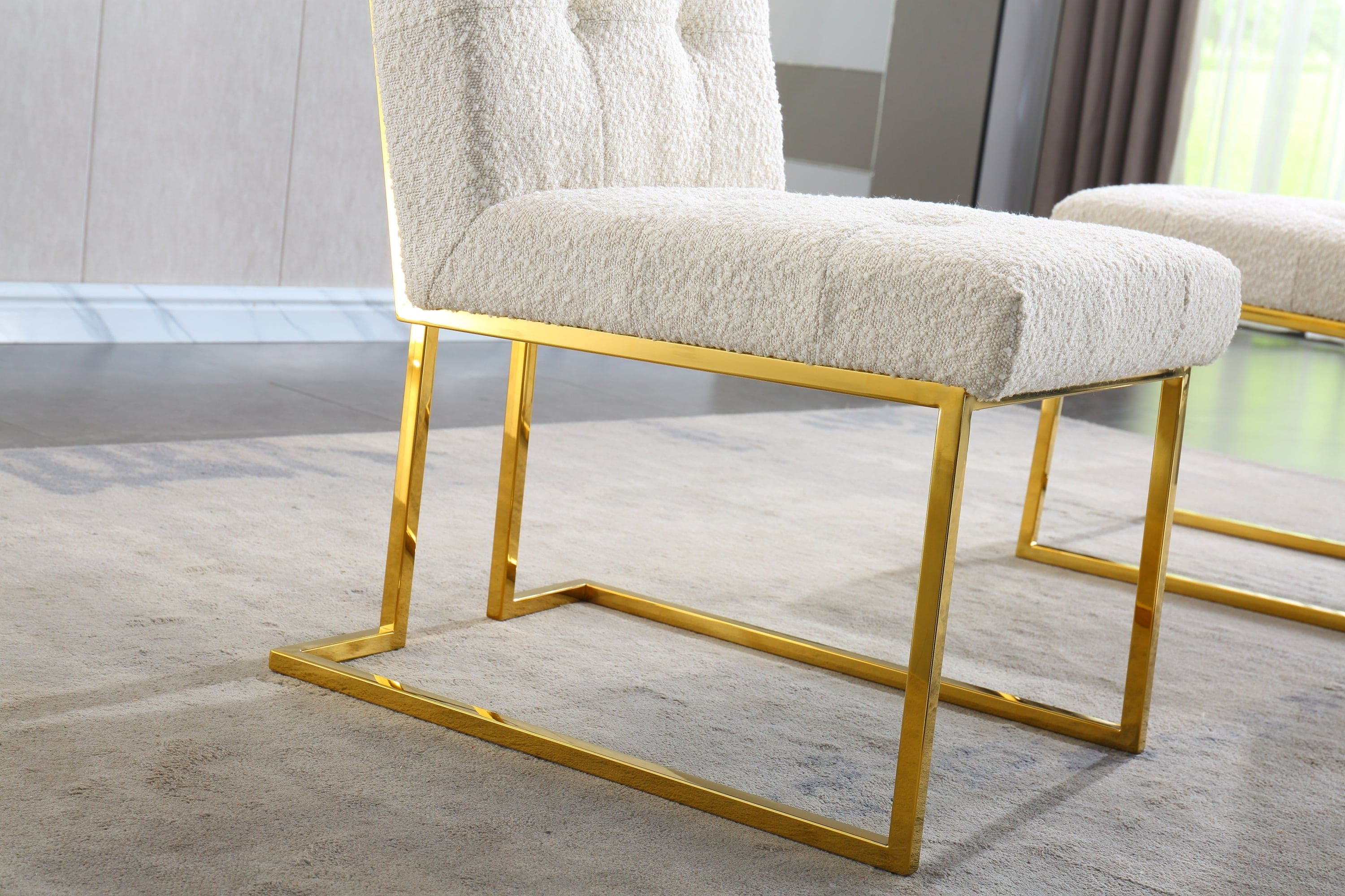 Modern Linen Dining Chair Set of 2, Tufted Design and Gold Finish Stainless Base