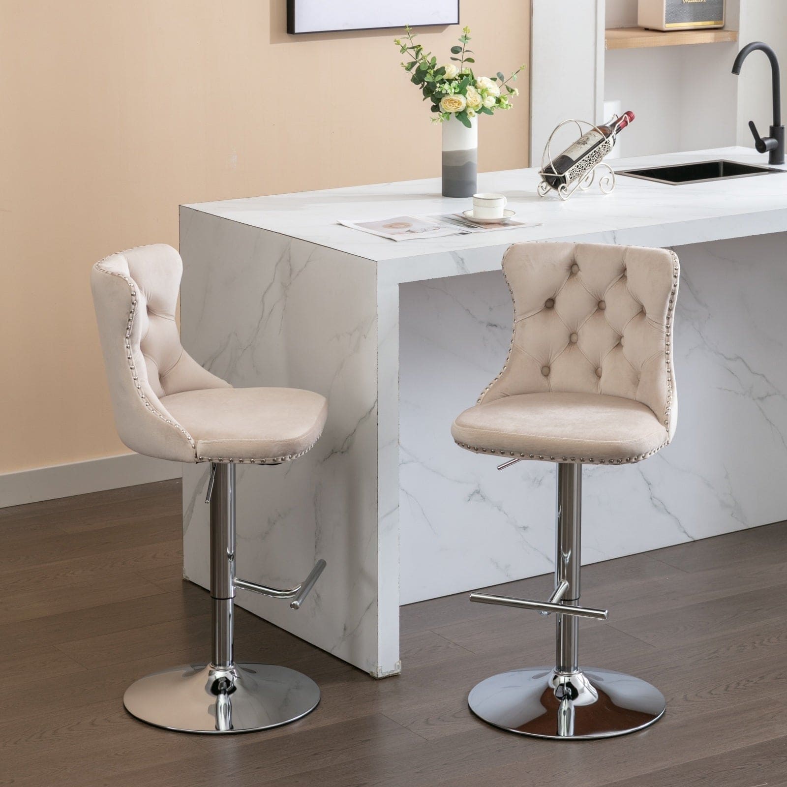 Swivel Velvet Barstools  Beige,Set of 2