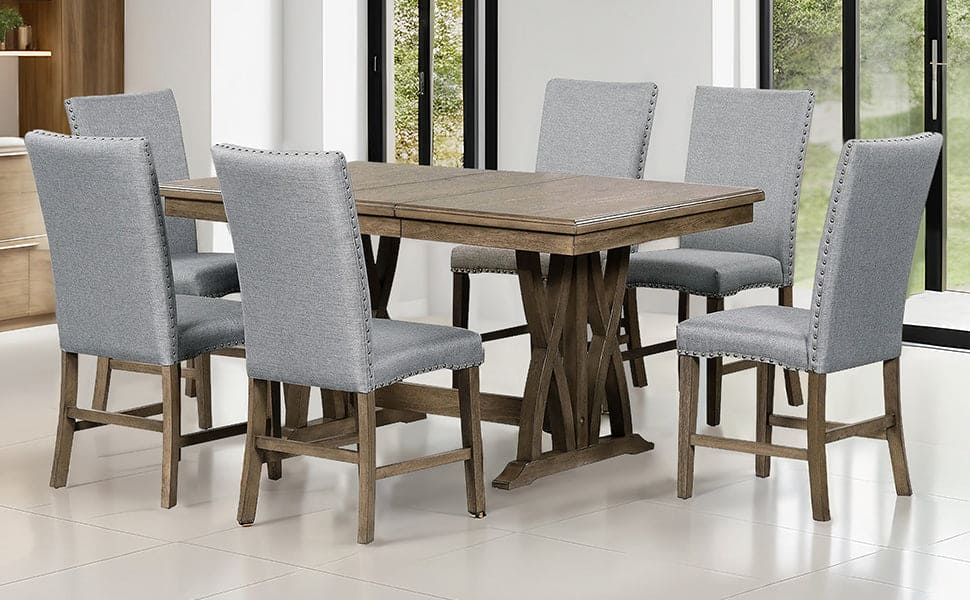 TOPMAX Mid-Century Solid Wood 7-Piece Dining Table Set Extendable Kitchen Table Set with Upholstered Chairs and 12" Leaf for 6, Golden Brown+Gray Cushion