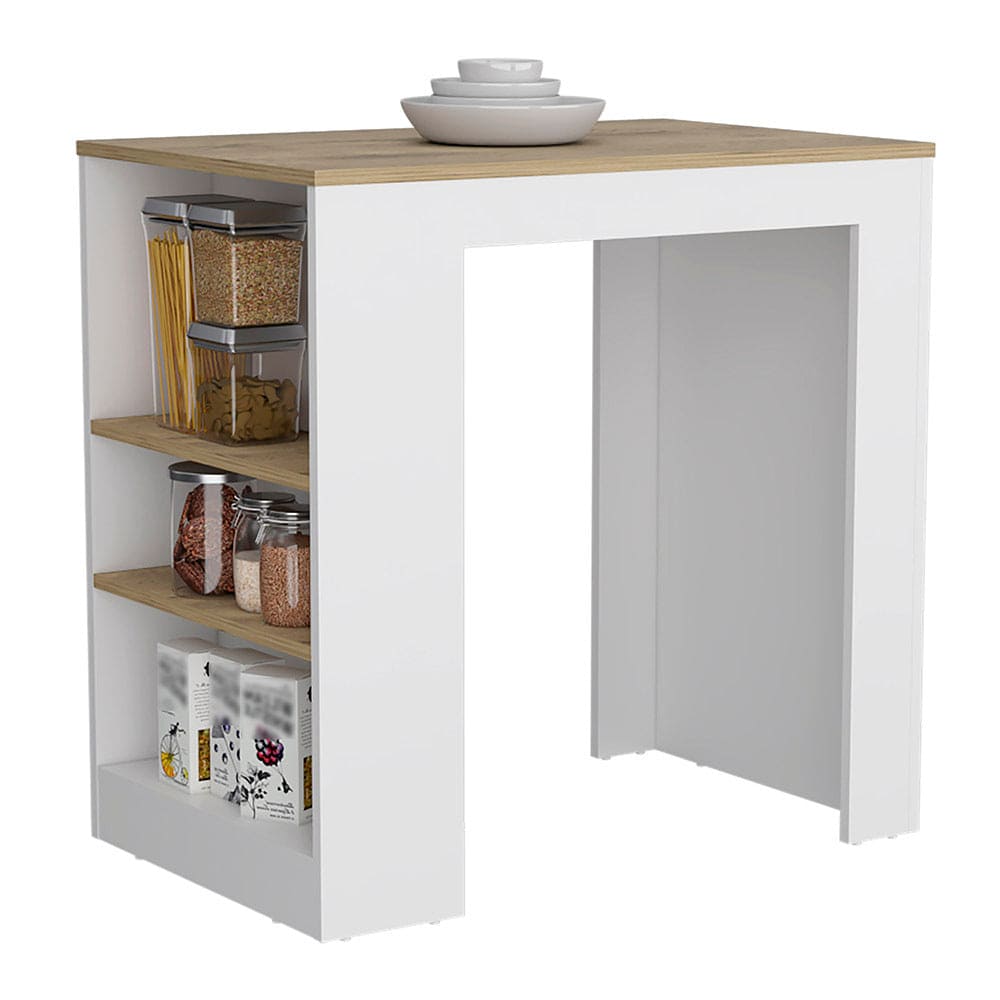 Kitchen Island Doyle, Three Side Shelves, White and Light Oak Finish