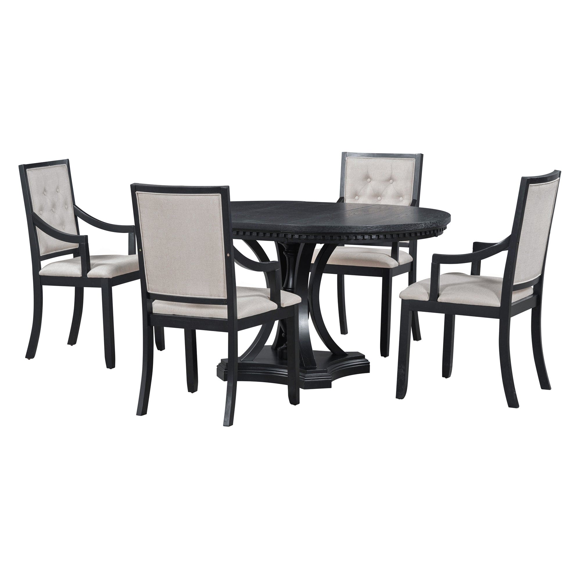 TREXM Retro 5-piece Dining Set Extendable Round Table and 4 Chairs for Kitchen Dining Room (BLACK OAK)