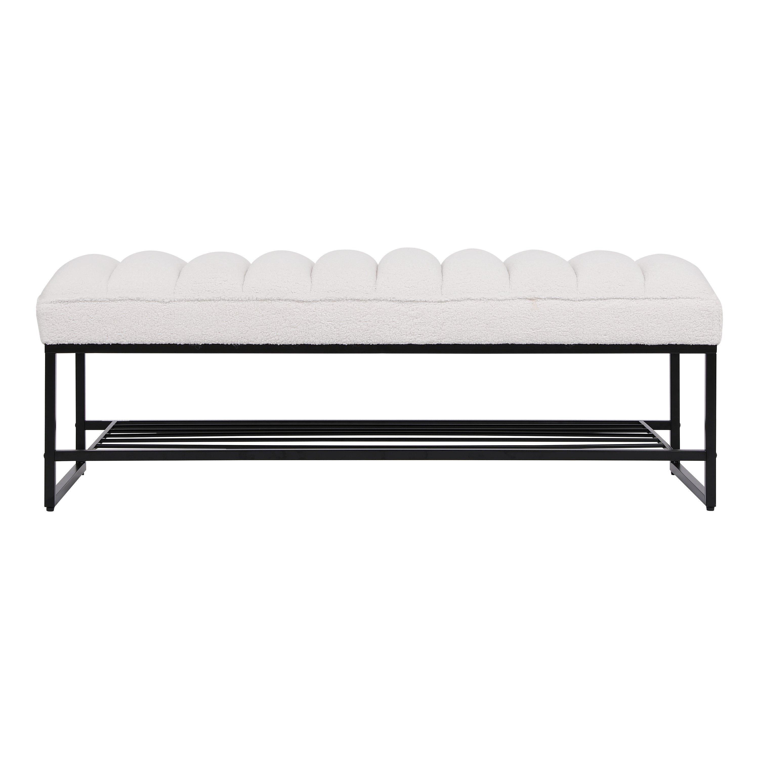 Channel Tufted Bench with Metal Shelf White Sherpa Upholstered Benches End of Bed Ottoman for Bedroom, Living Room, Entryway (White)