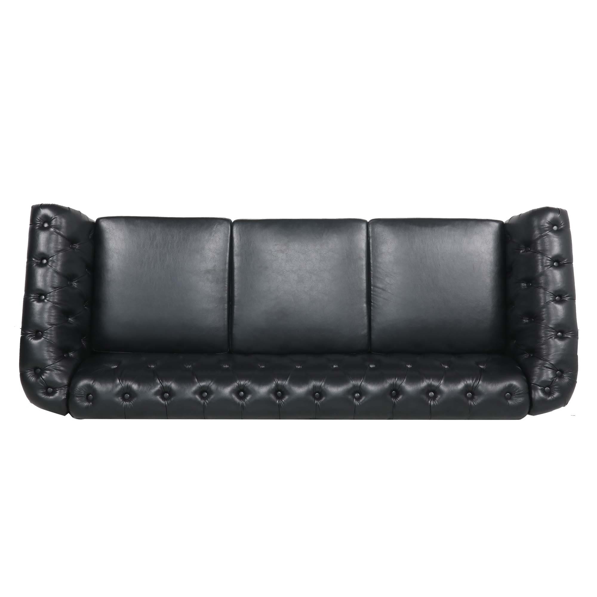 84.65" BLACK PU Rolled Arm Chesterfield Three Seater Sofa.