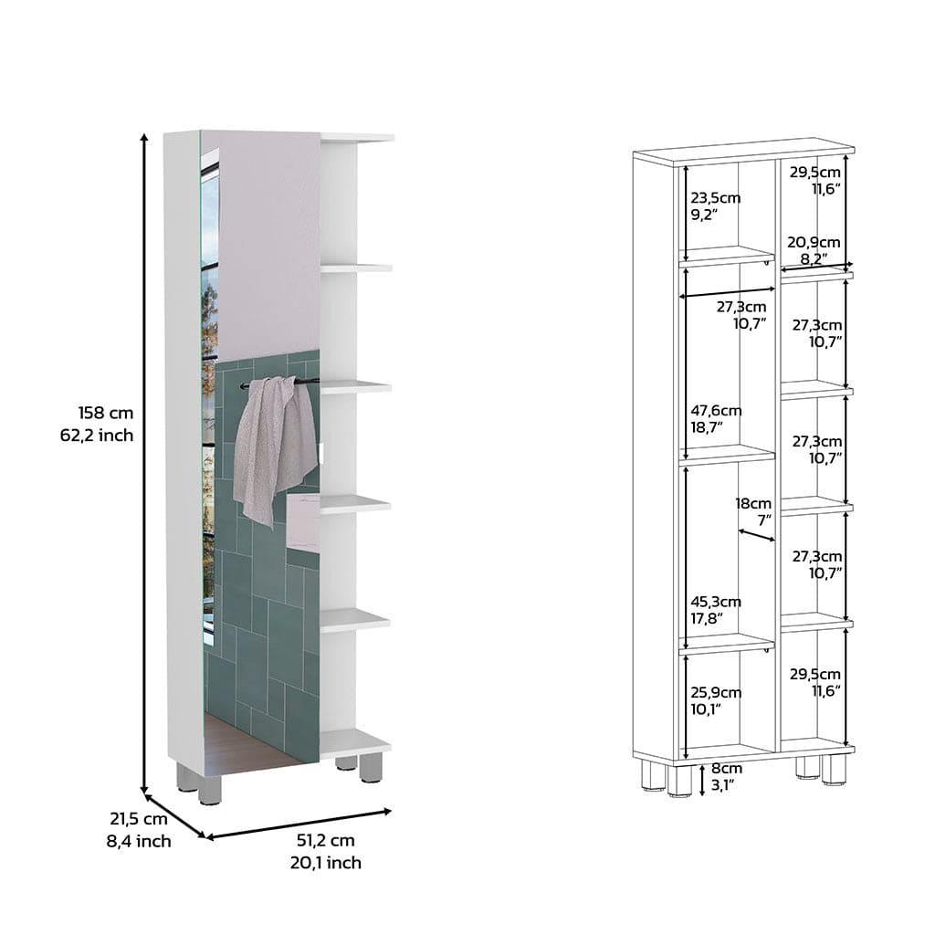 Mirror Linen Cabinet Reno, Four Interior Shelves, White Finish