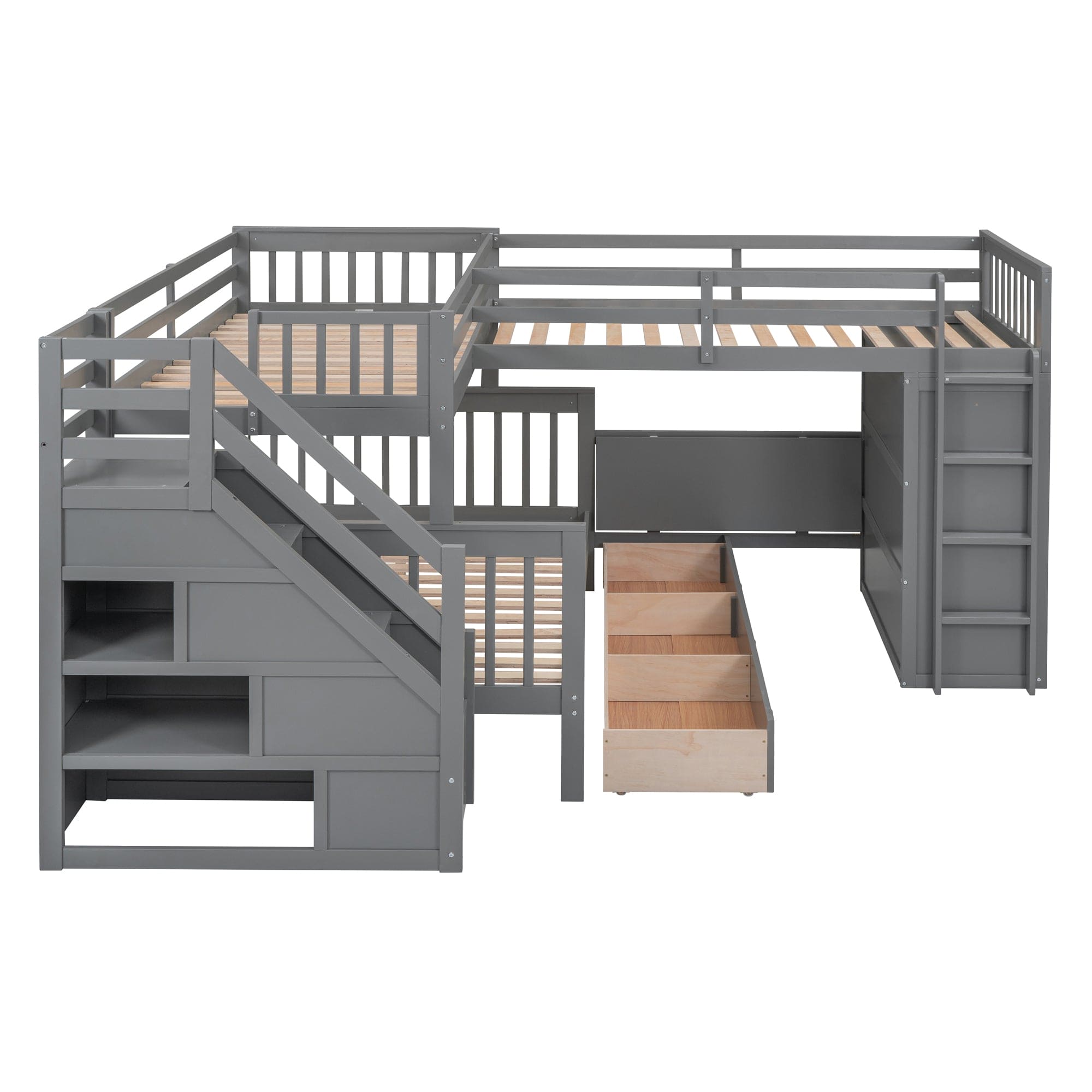 Twin-Twin over Full L-Shaped Bunk Bed With 3 Drawers, Portable Desk and Wardrobe, Gray