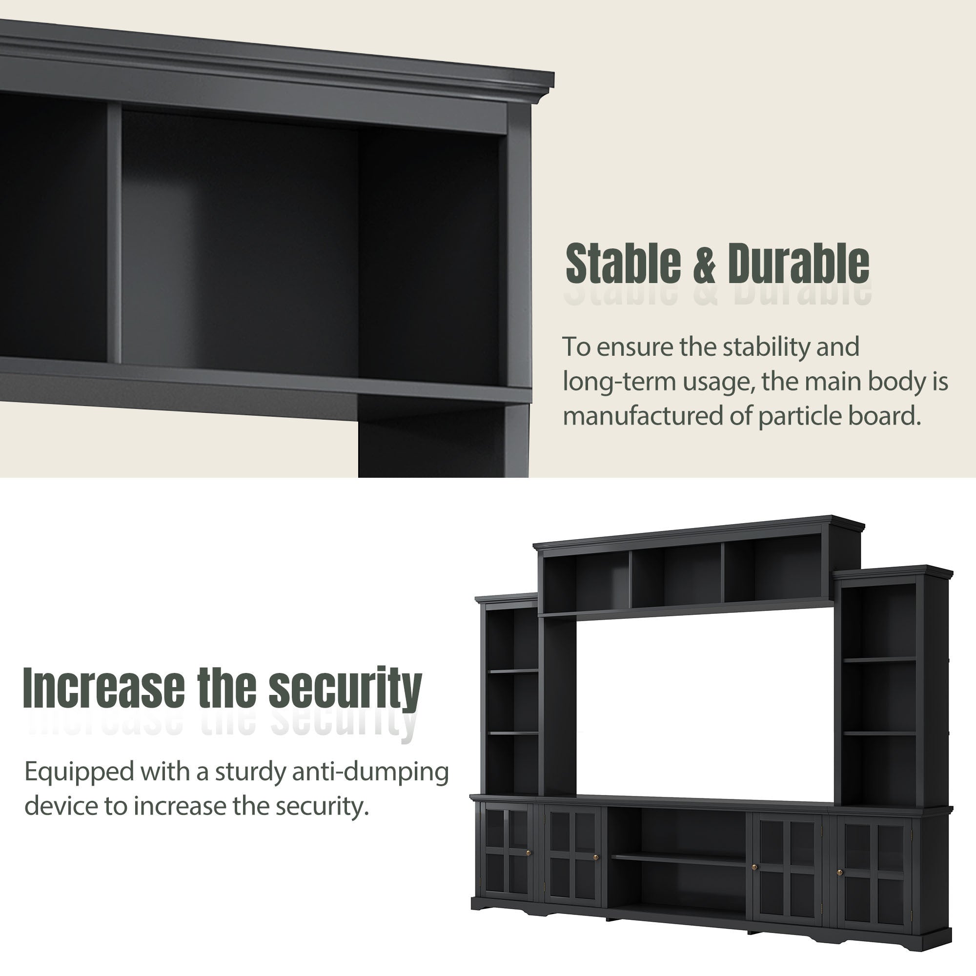 ON-TREND Minimalism Style Entertainment Wall Unit with Bridge, Modern TV Console Table for TVs Up to 70", Multifunctional TV Stand with Tempered Glass Door, Black (Old SKU: SD000009AAB)