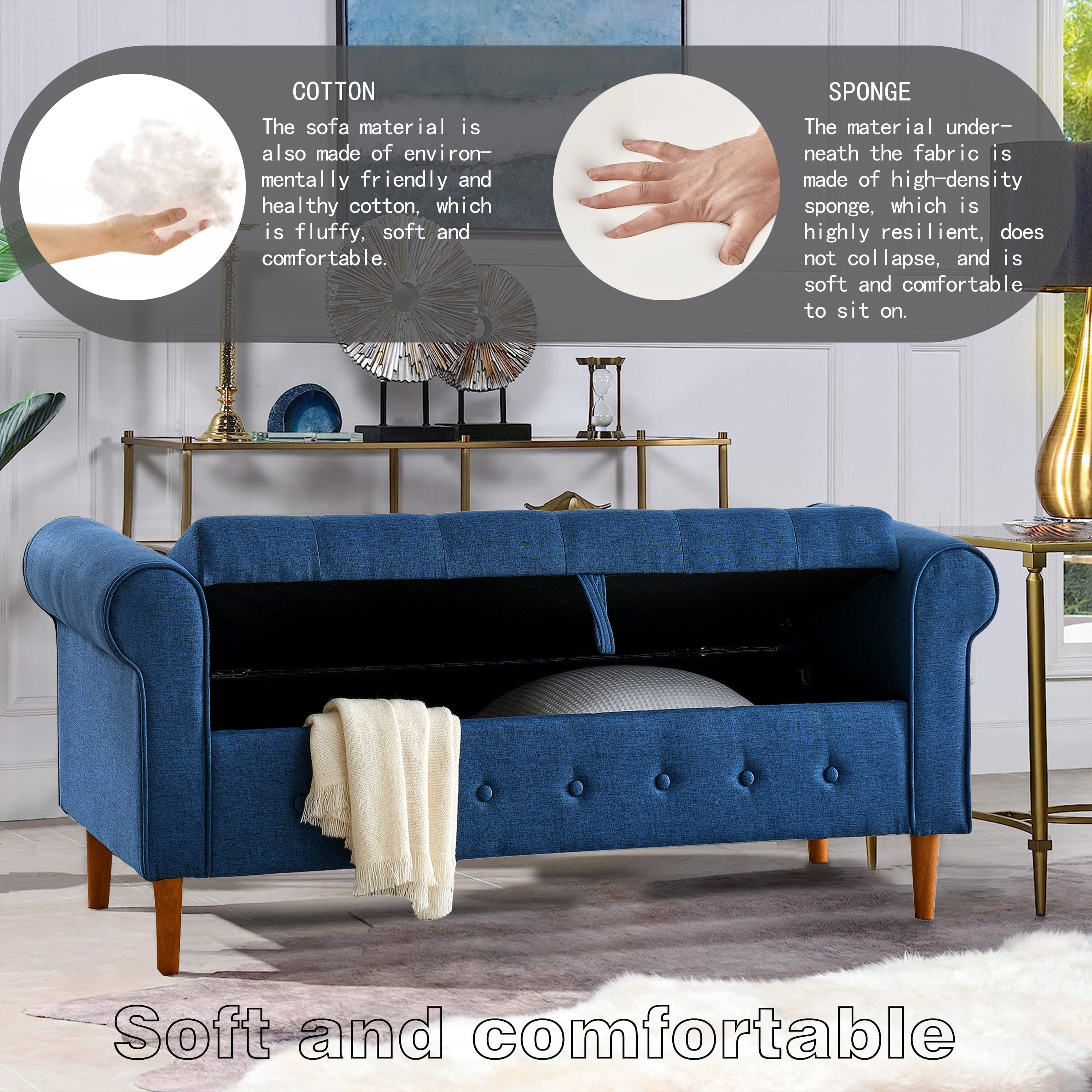 62" Bedroom Tufted Button Storage Bench, Linen Upholstered Ottoman, Window Bench, Rolled Arm Design for Bedroom, Living Room, Foyer (Blue)